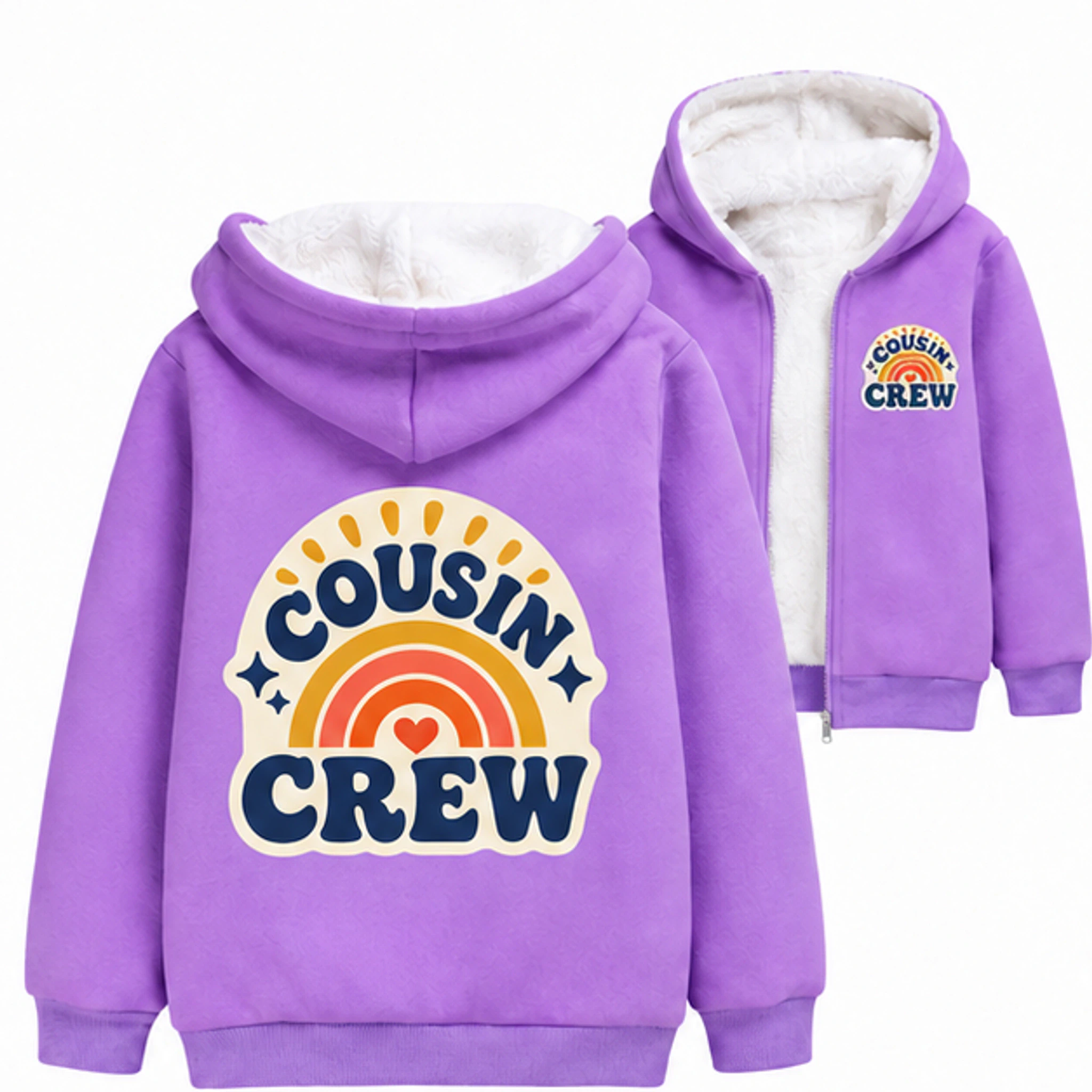 Purple Custom Kids Thick Zip Winter Jacket with the Cousin Crew design