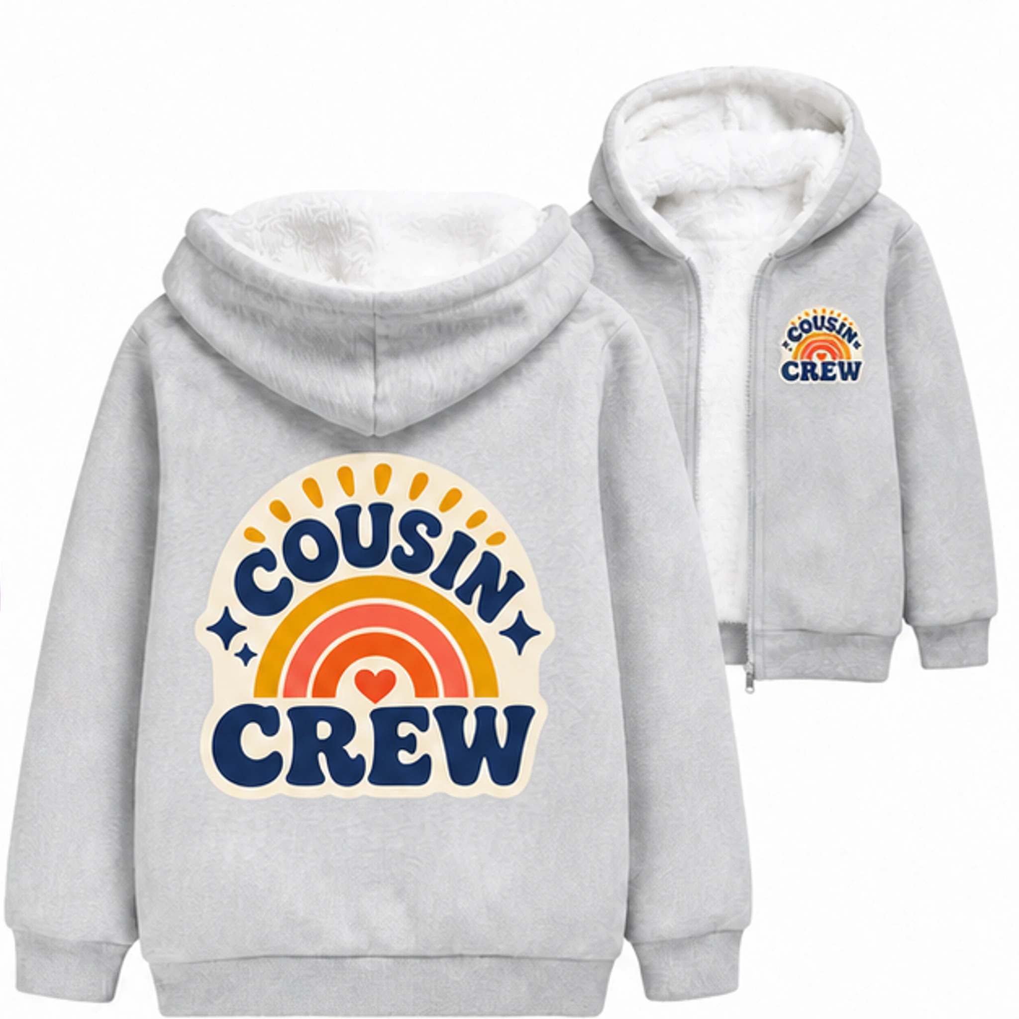 Gray Custom Kids Thick Zip Winter Jacket with the Cousin Crew design