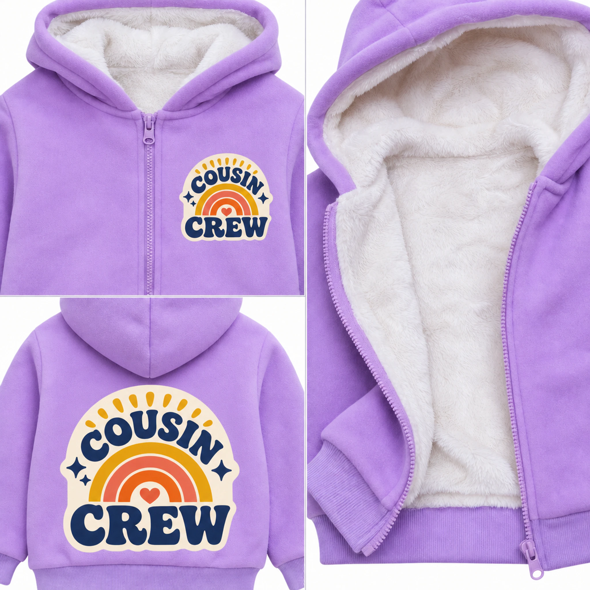Cousin Crew Custom Kids Thick Zip Winter Jacket print, fabric, and construction details