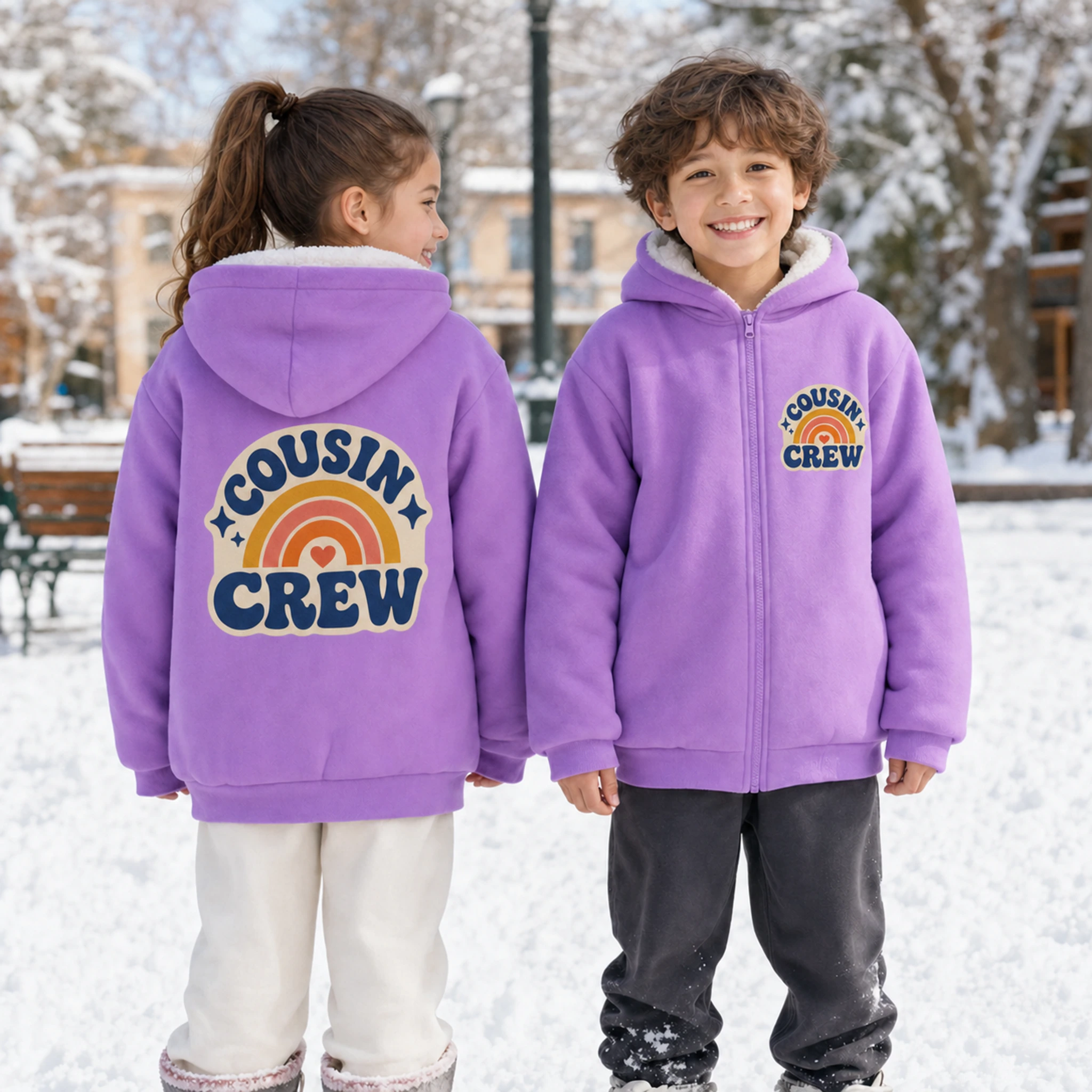 Cousin Crew Custom Kids Thick Zip Winter Jacket shown in a styled lifestyle setting