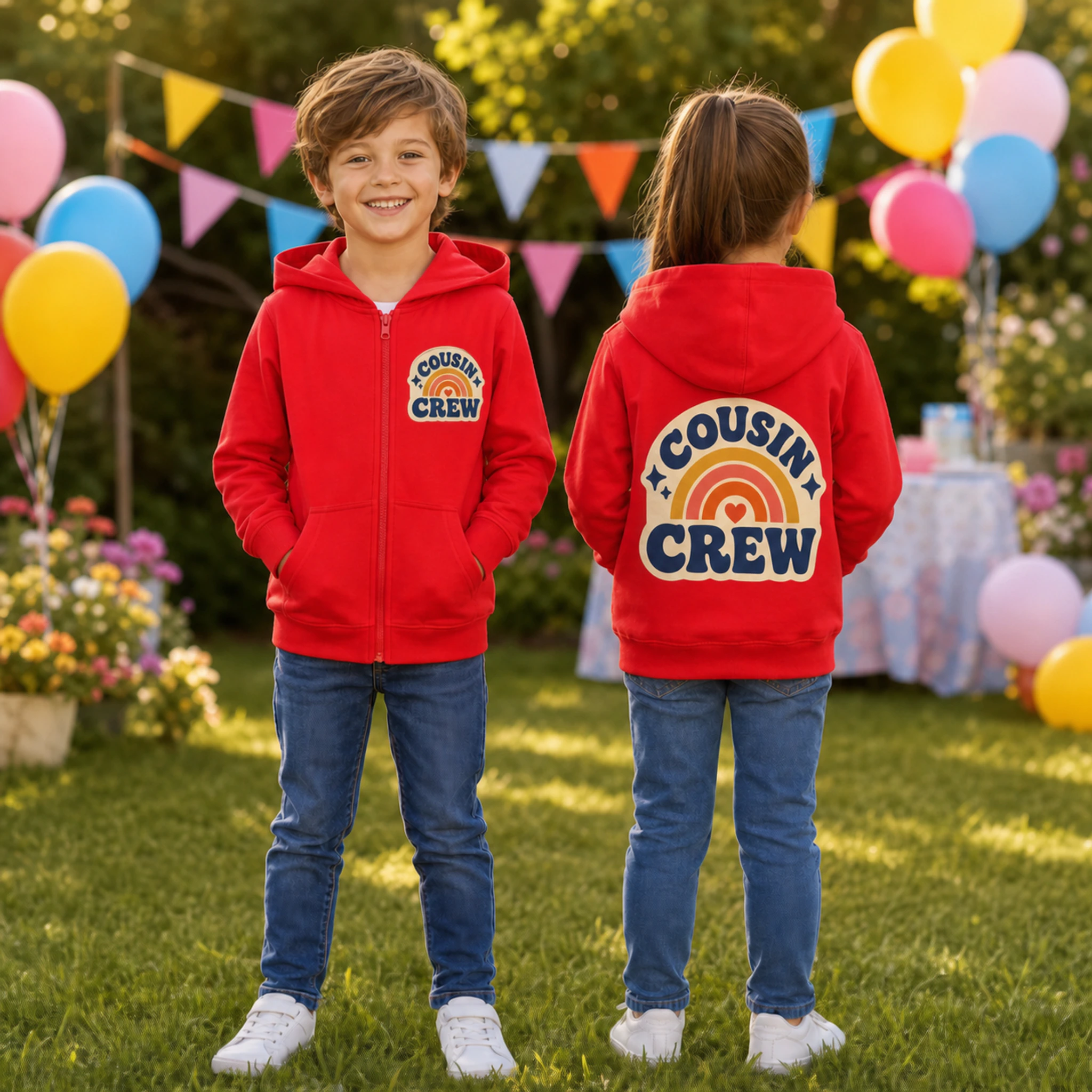 Cousin Crew Custom Kids Zip-Up Cardigan Jacket shown in a styled lifestyle setting