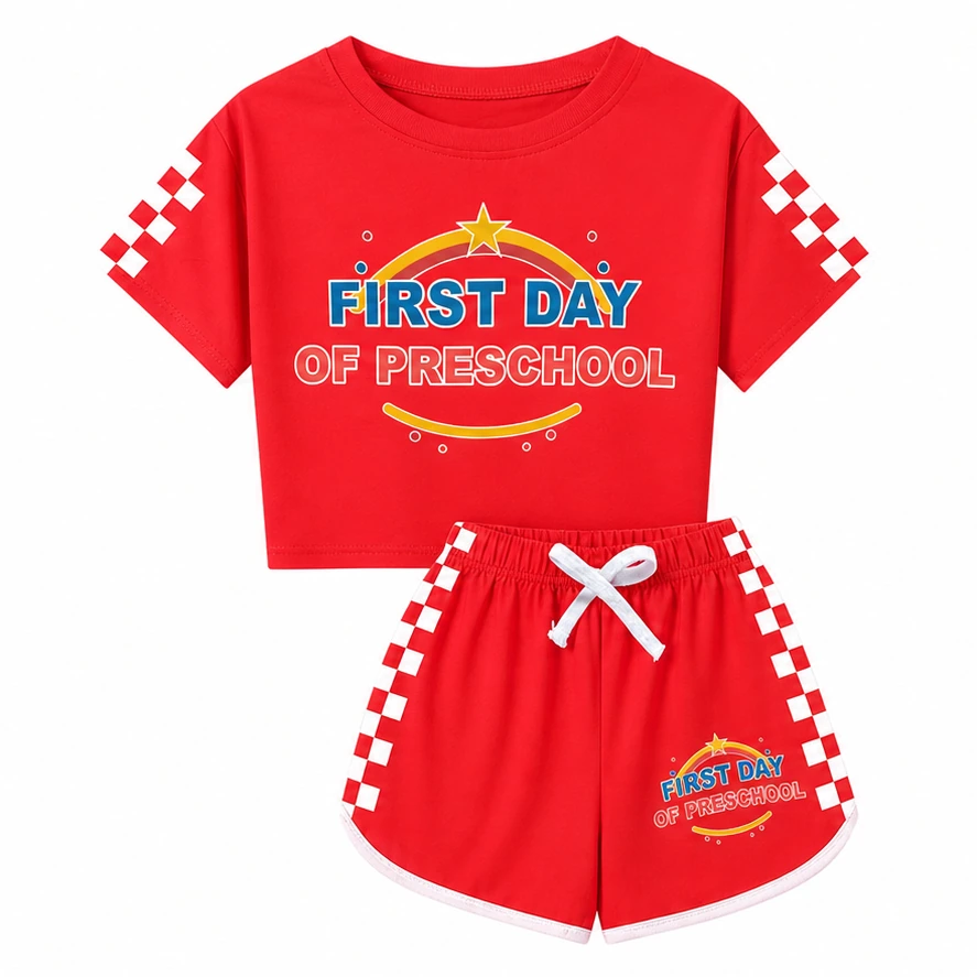 First Day of Preschool Family Checker Short-Sleeve Top and Shorts Set for Kids in the selected color