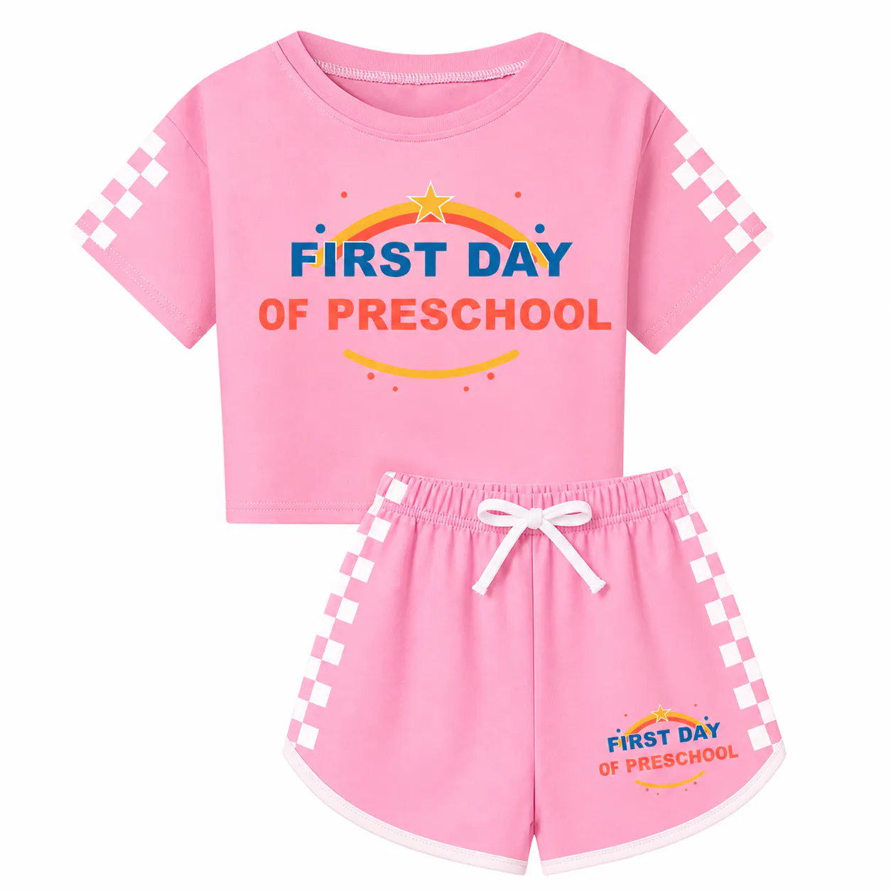 Pink checker-sleeve cropped top and checker-panel shorts set with preschool prints on the front and wearer-left shorts leg