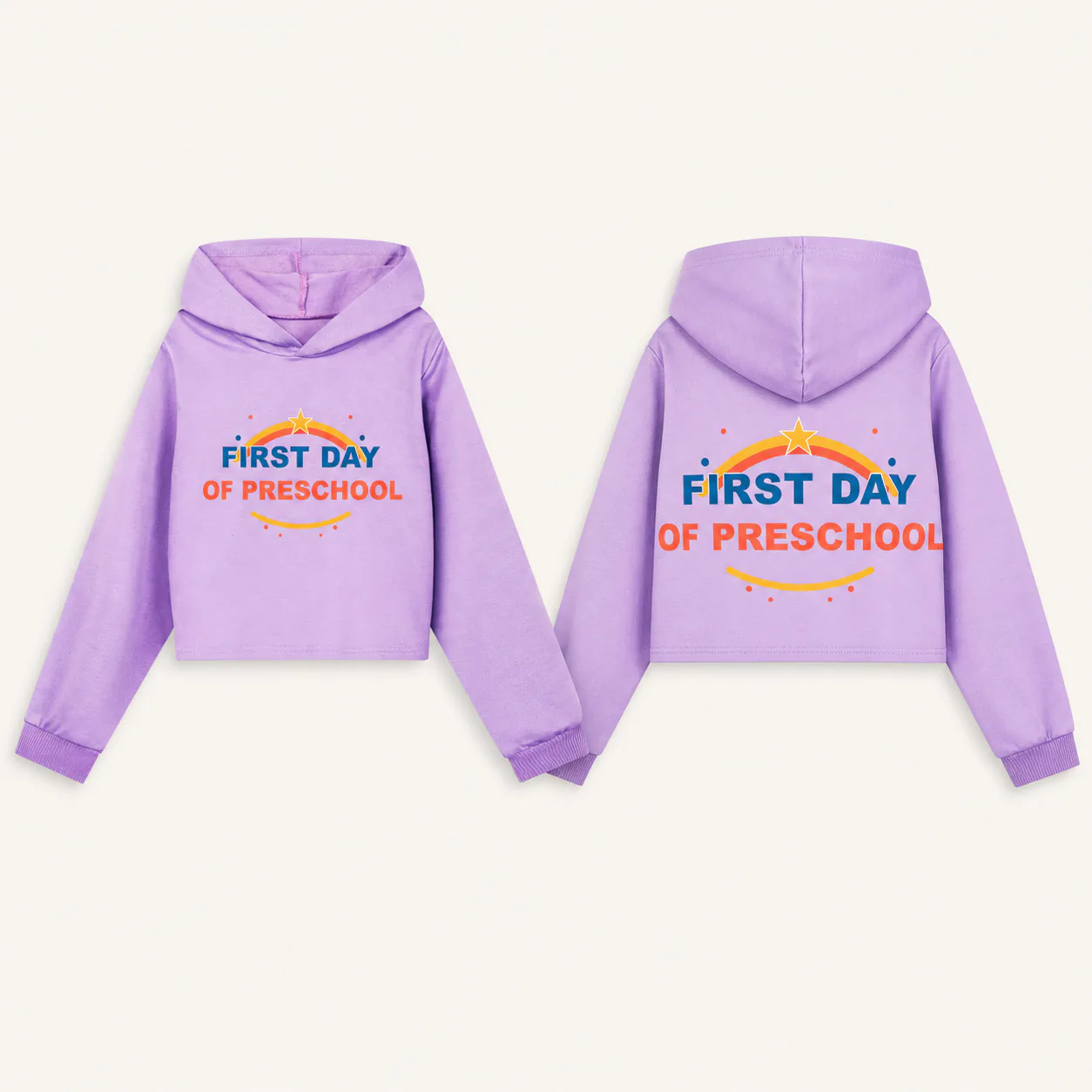 Lavender girls cropped pullover hoodie with preschool prints centered on the front and upper back