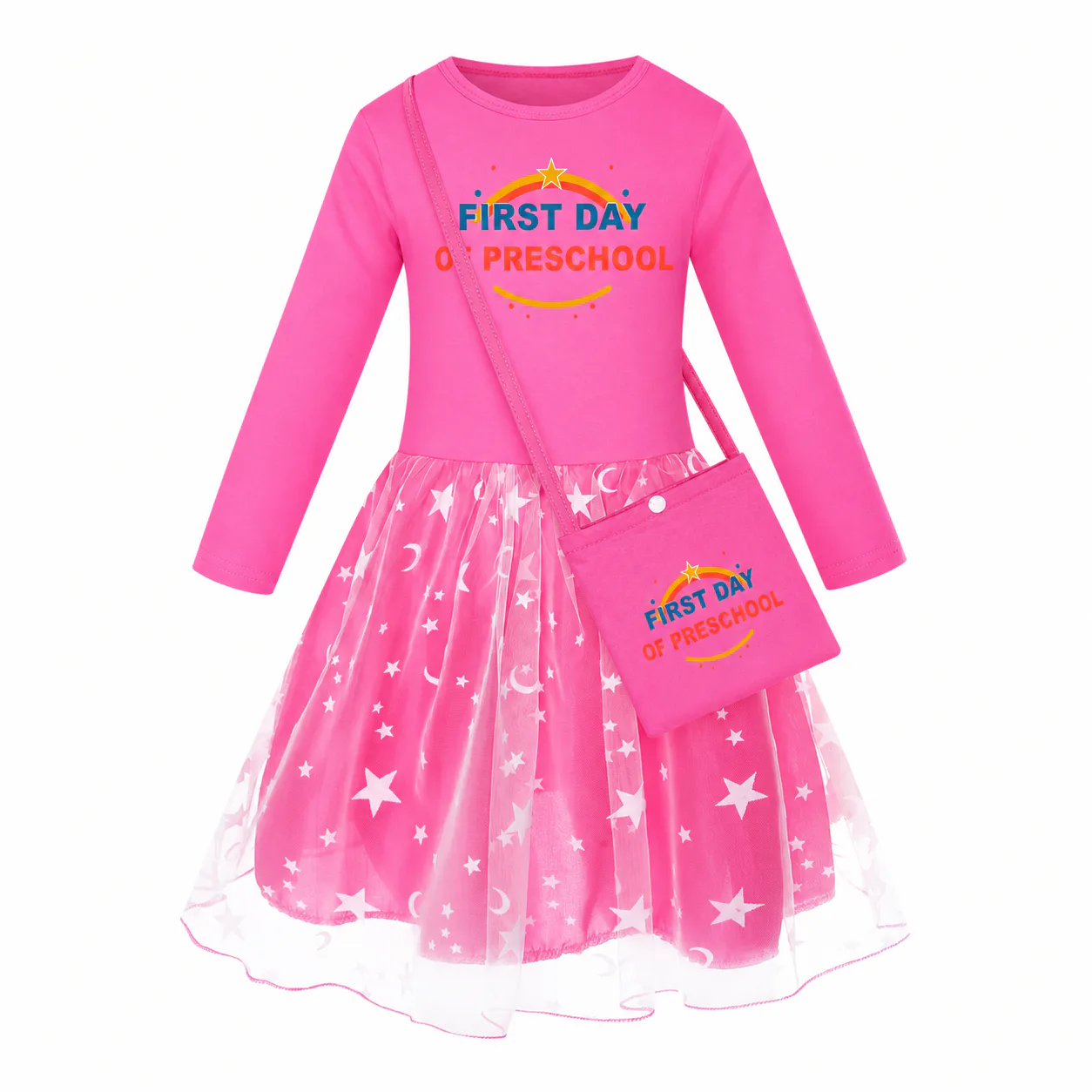 Rose-red long-sleeve star-tulle dress and matching bag with preschool prints on both pieces