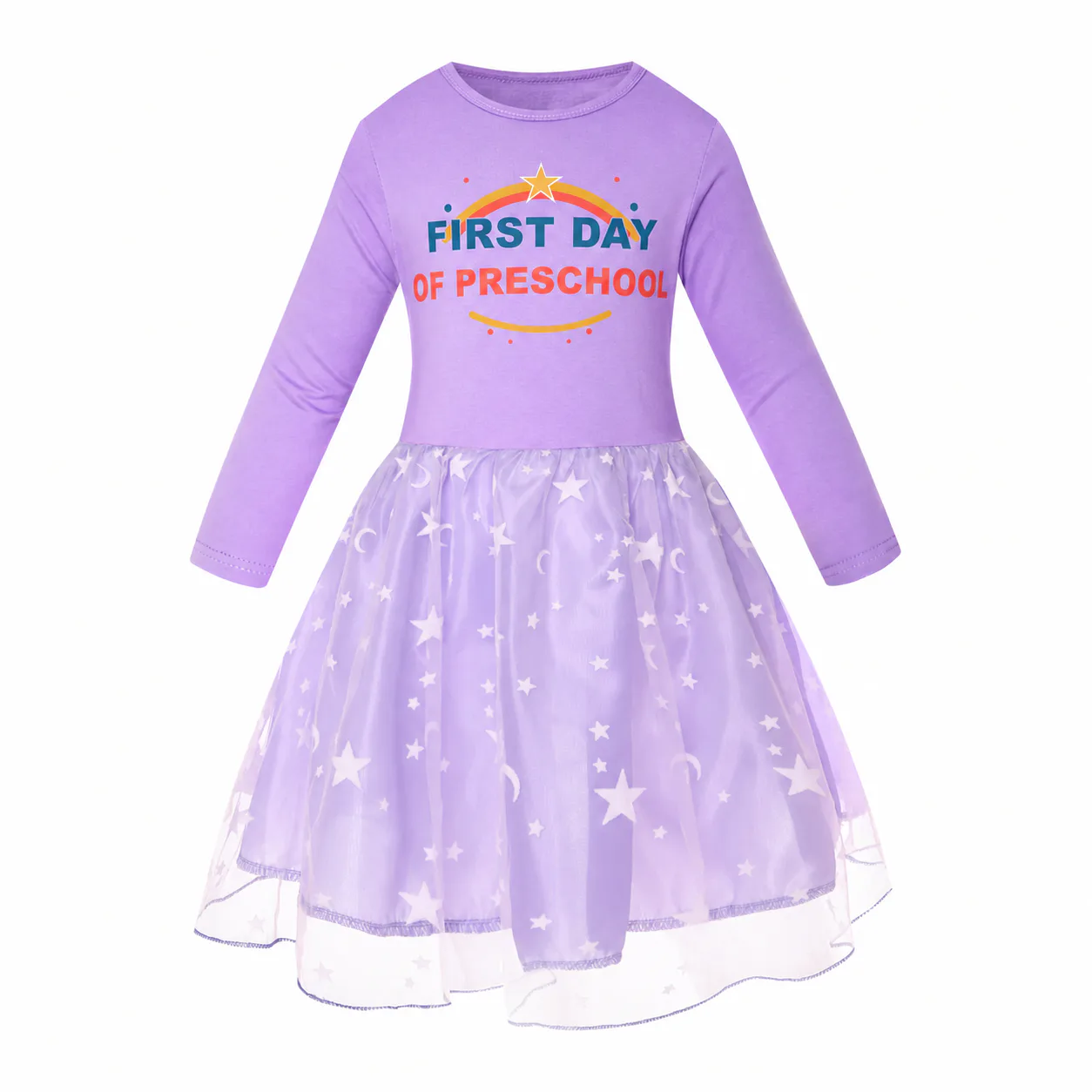 Lavender long-sleeve dress with star-and-moon tulle skirt and a centered preschool print