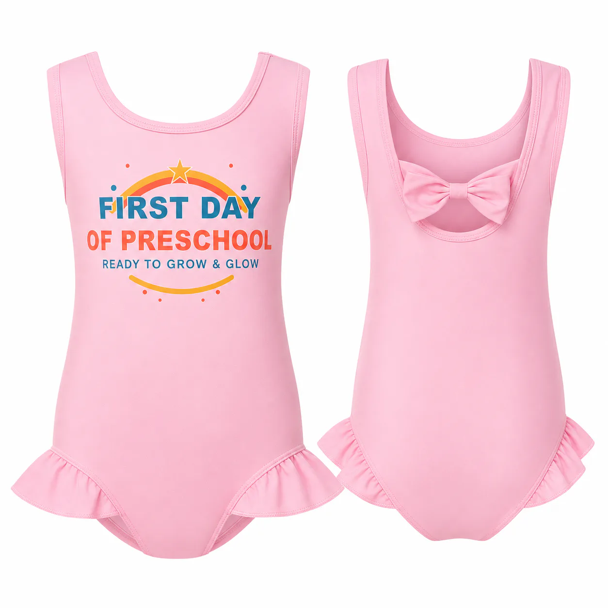 First Day of Preschool Girls Wide-Strap Bow-Back One-Piece Swimsuit for Kids