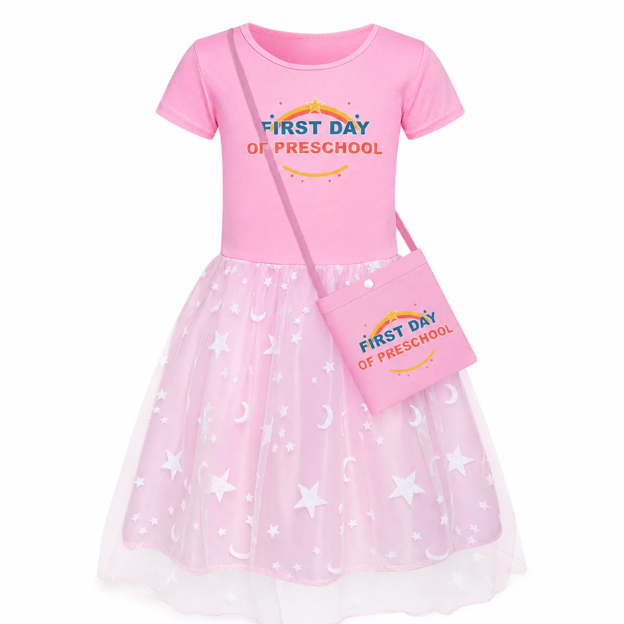 Pink star and moon tulle dress with matching crossbody bag printed for preschool