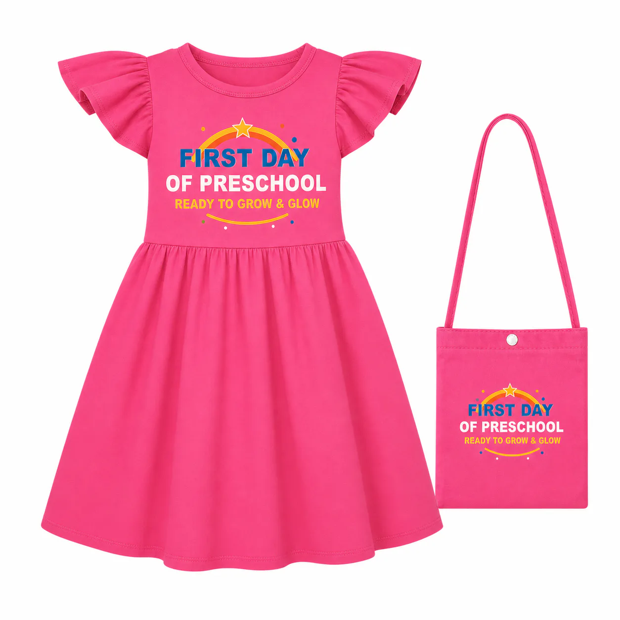 First Day of Preschool Girls Short-Sleeve Sleep Dress with Crossbody Bag for Kids