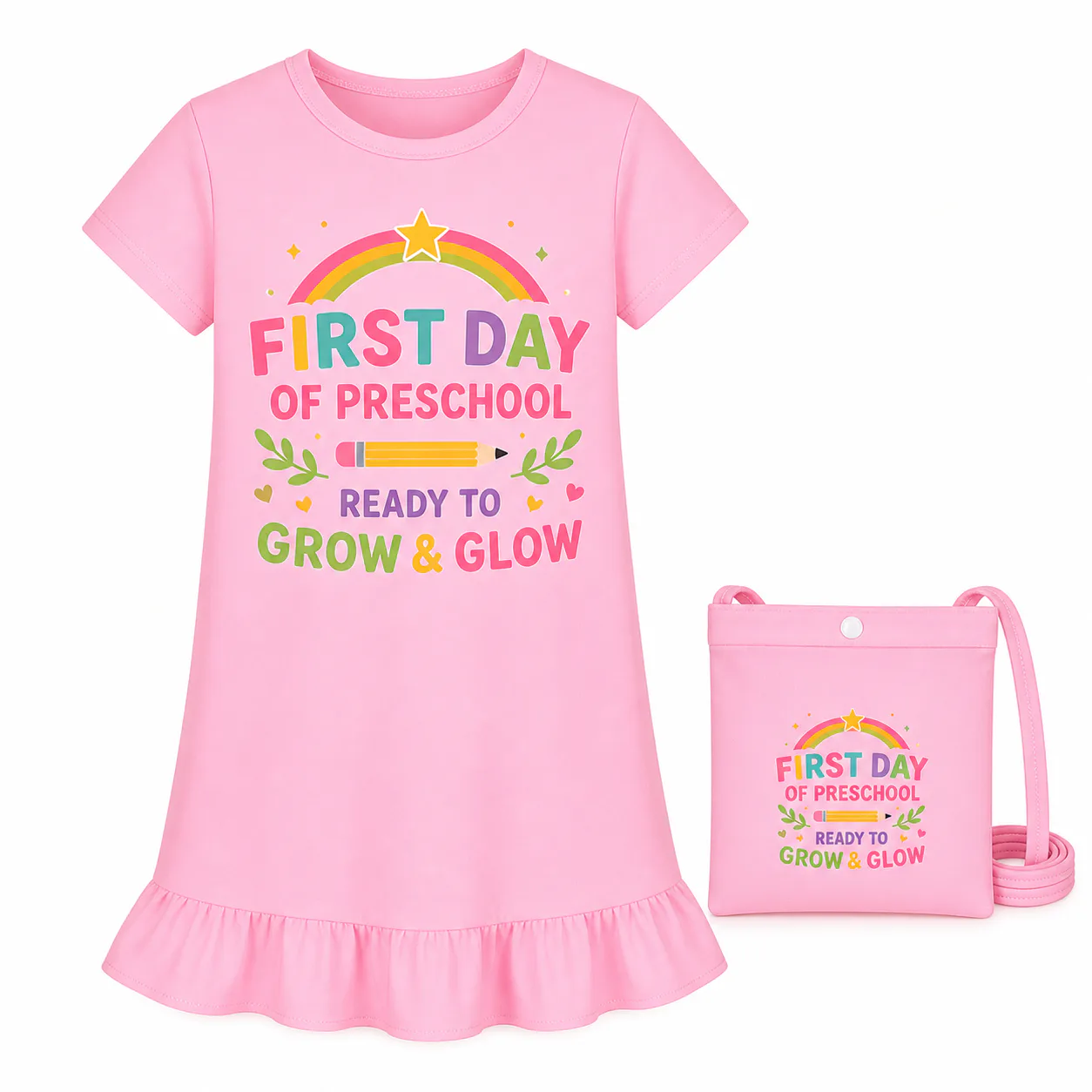 First Day of Preschool Girls Short-Sleeve Sleep Dress with Matching Bag for Kids