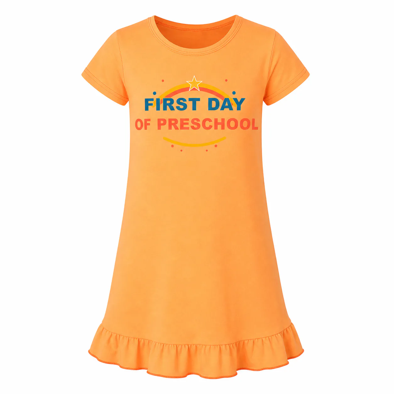 Orange girls short-sleeve sleep dress with a centered preschool front print