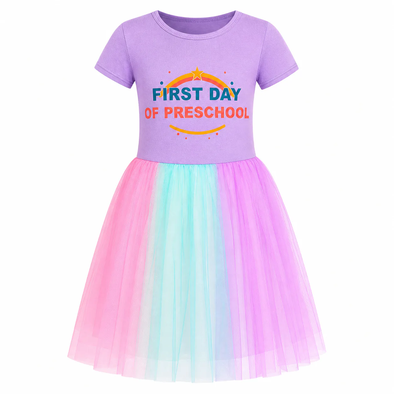 Purple short-sleeve dress with multicolor short tulle skirt and a centered preschool print