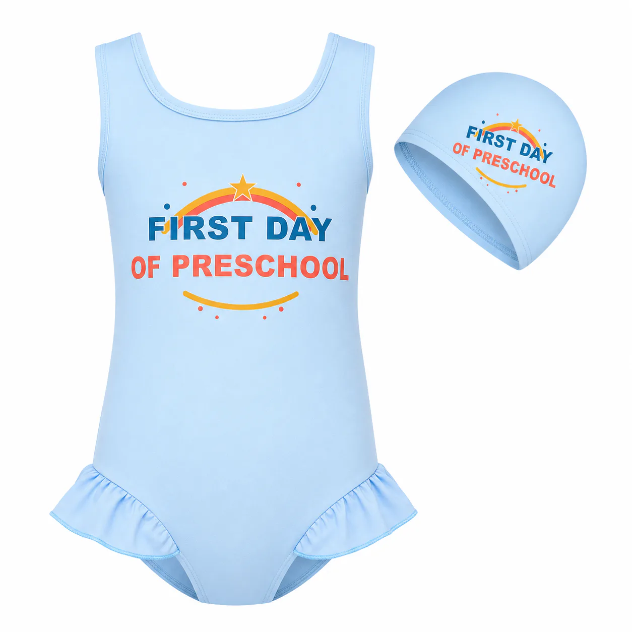 First Day of Preschool Girls Wide-Strap Swimsuit and Cap Set for Kids
