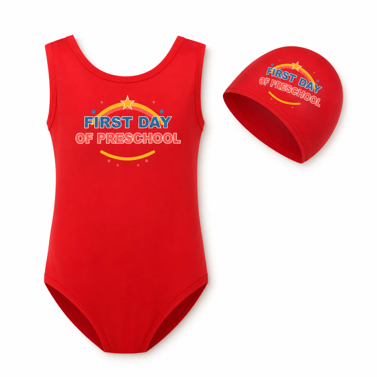 First Day of Preschool Girls Classic Swimsuit and Cap Set for Kids