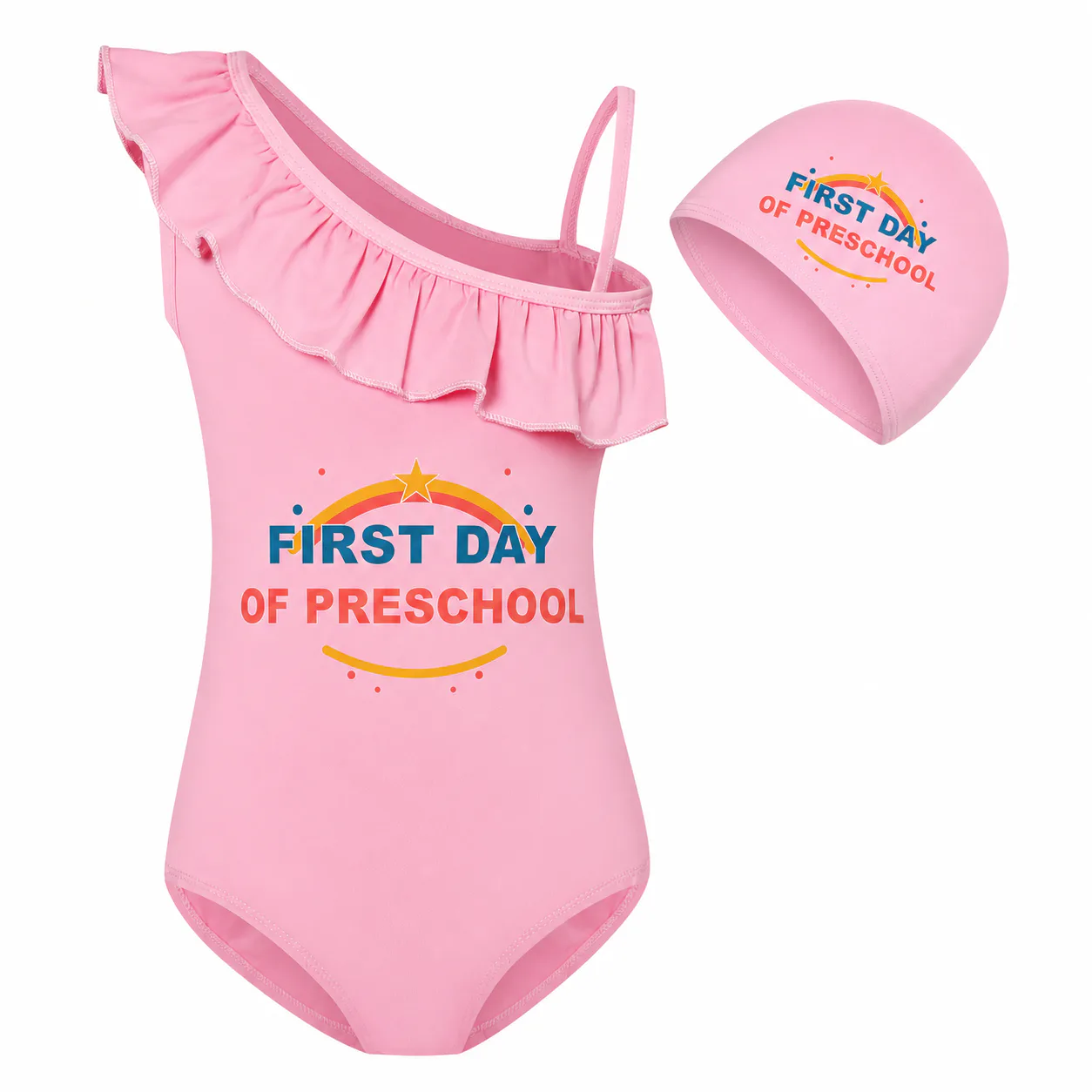 First Day of Preschool Girls Asymmetric-Ruffle Swimsuit and Cap Set for Kids