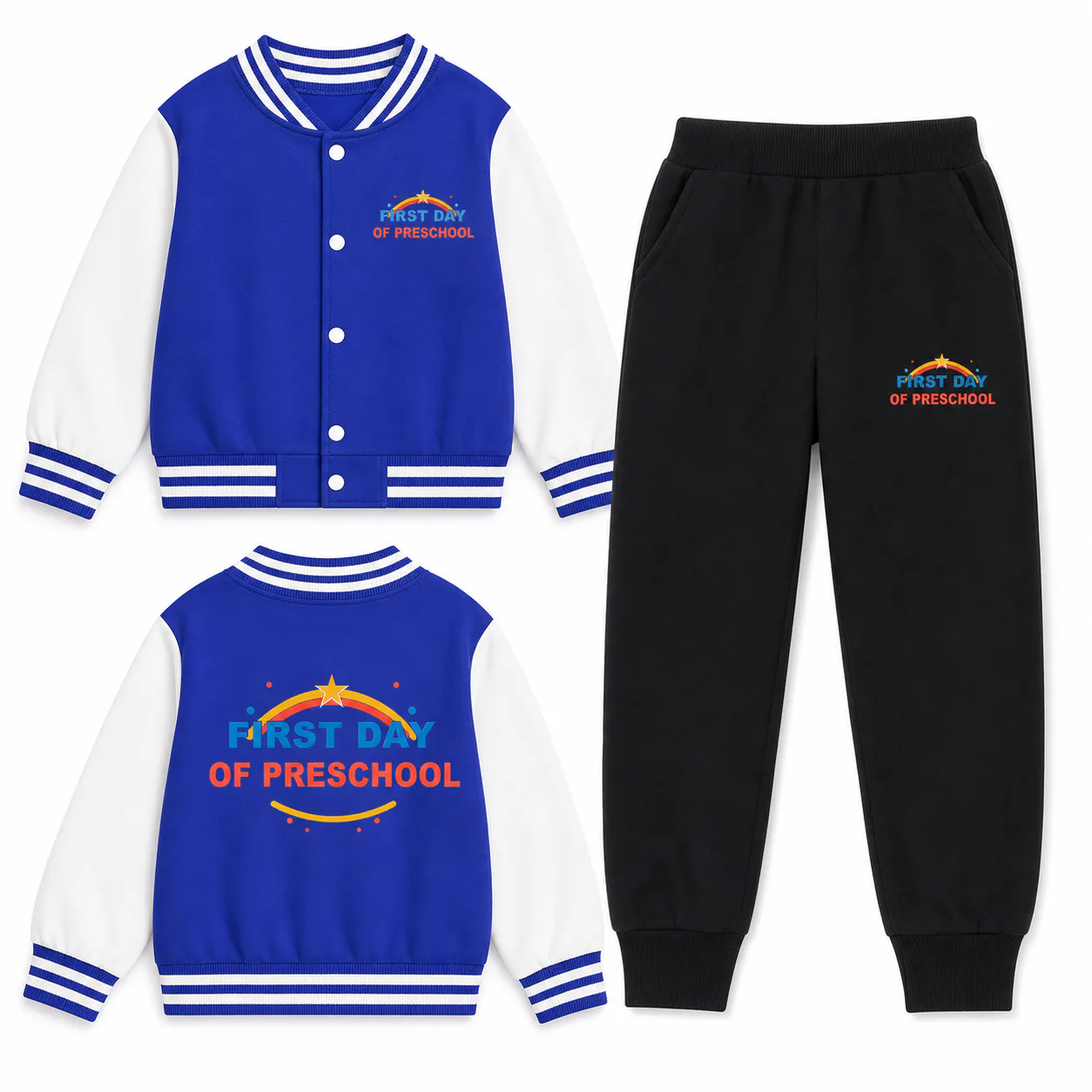Blue and white baseball jacket with black joggers and preschool prints on jacket and left pant leg