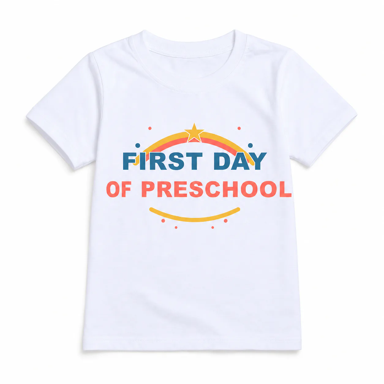 White kids short-sleeve T-shirt with a centered First Day of Preschool front print