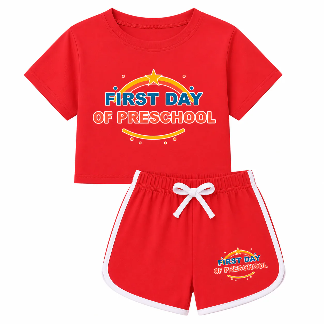 Red cropped short-sleeve top and curved shorts set with preschool prints on the top front and wearer-left shorts leg