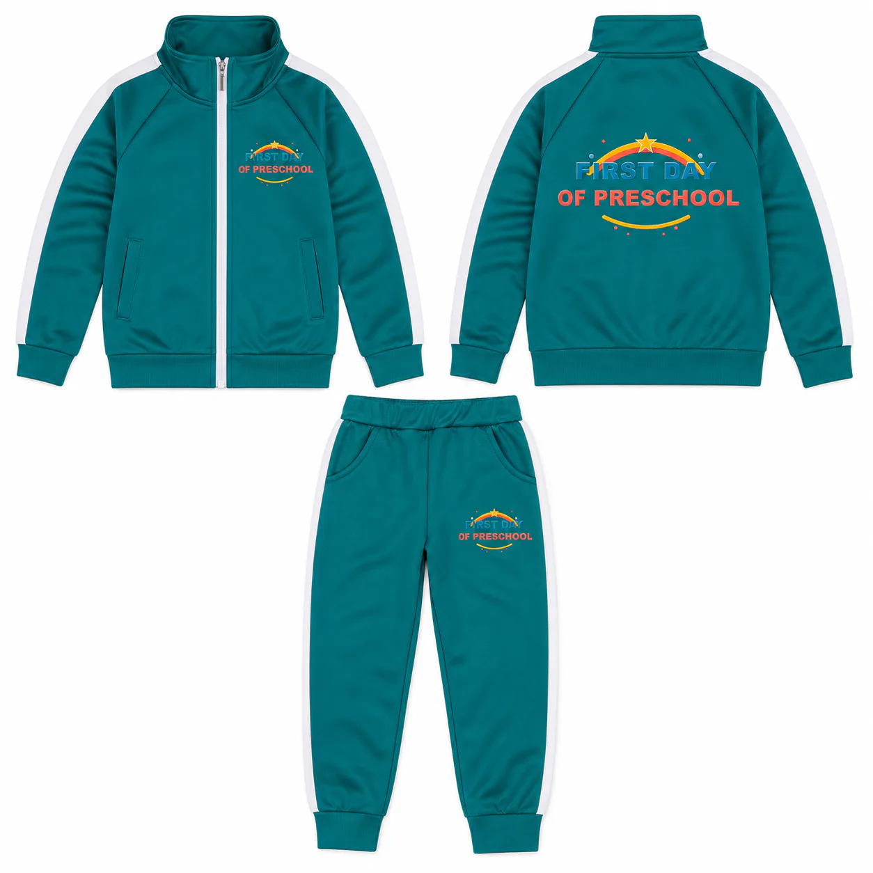 Teal zip track jacket and pants set with preschool prints on jacket chest, back, and left pant leg