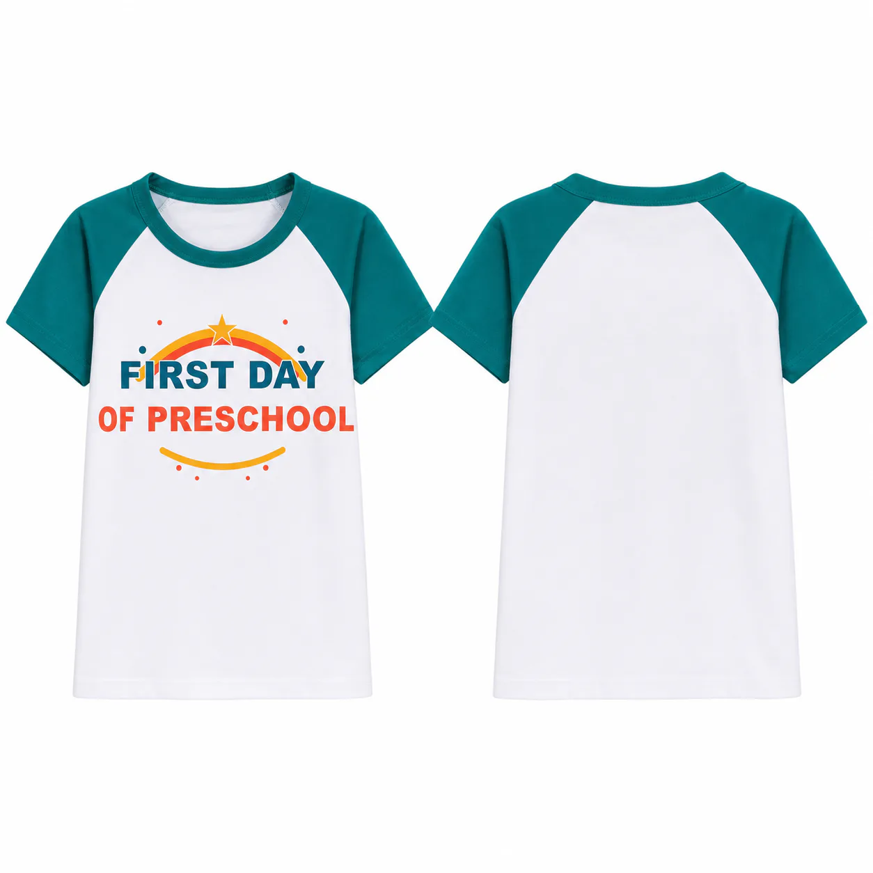 White and teal short-sleeve raglan T-shirt with a centered preschool front print