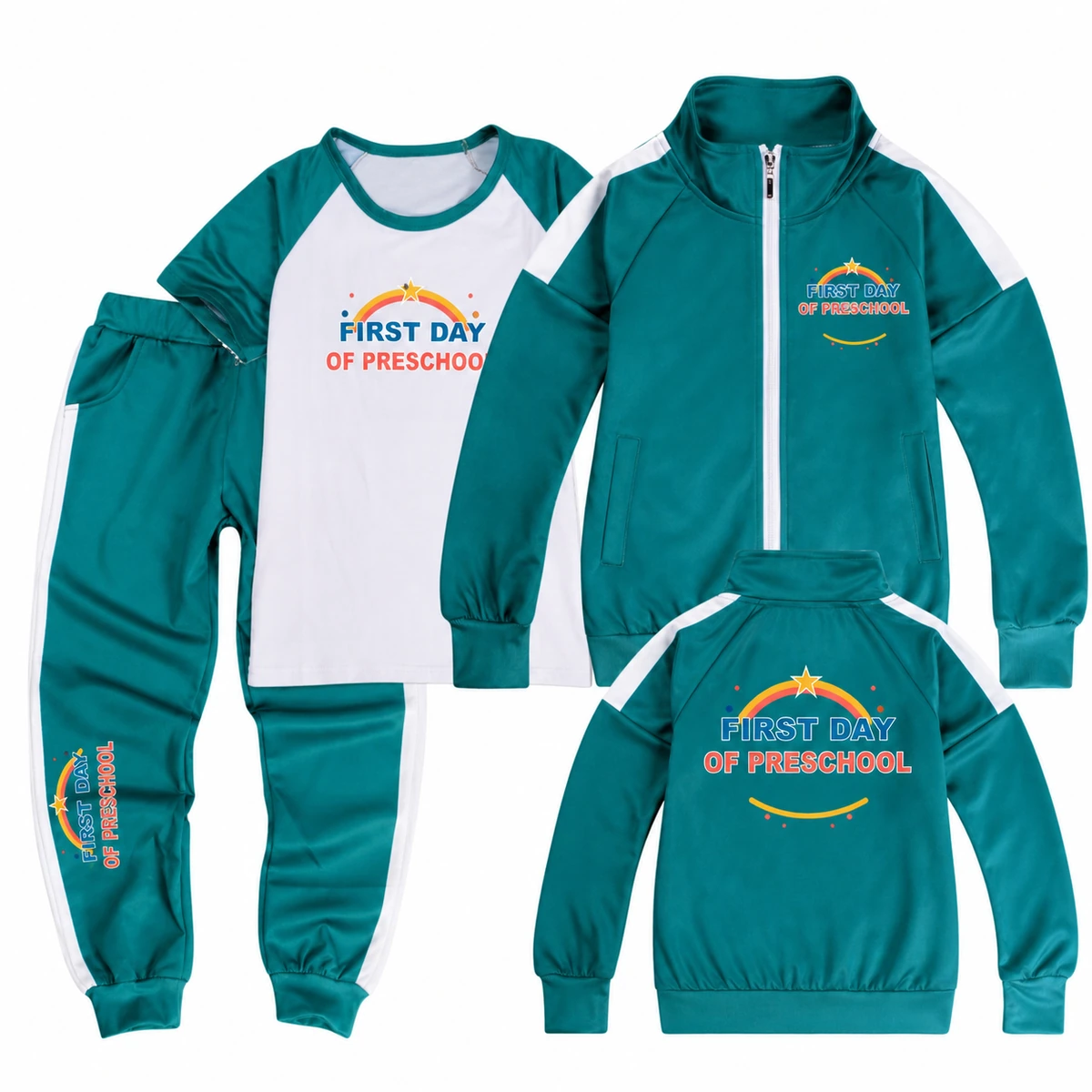 First Day of Preschool Color-Block Three-Piece Tracksuit Set for Kids in the selected color