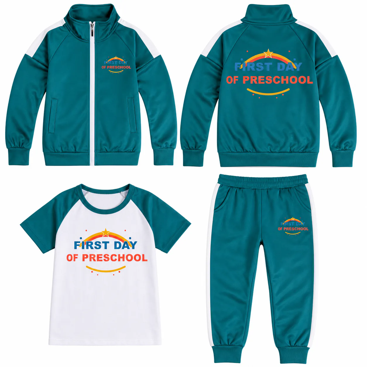 Teal three-piece tracksuit with preschool prints on jacket, T-shirt, and left pant leg