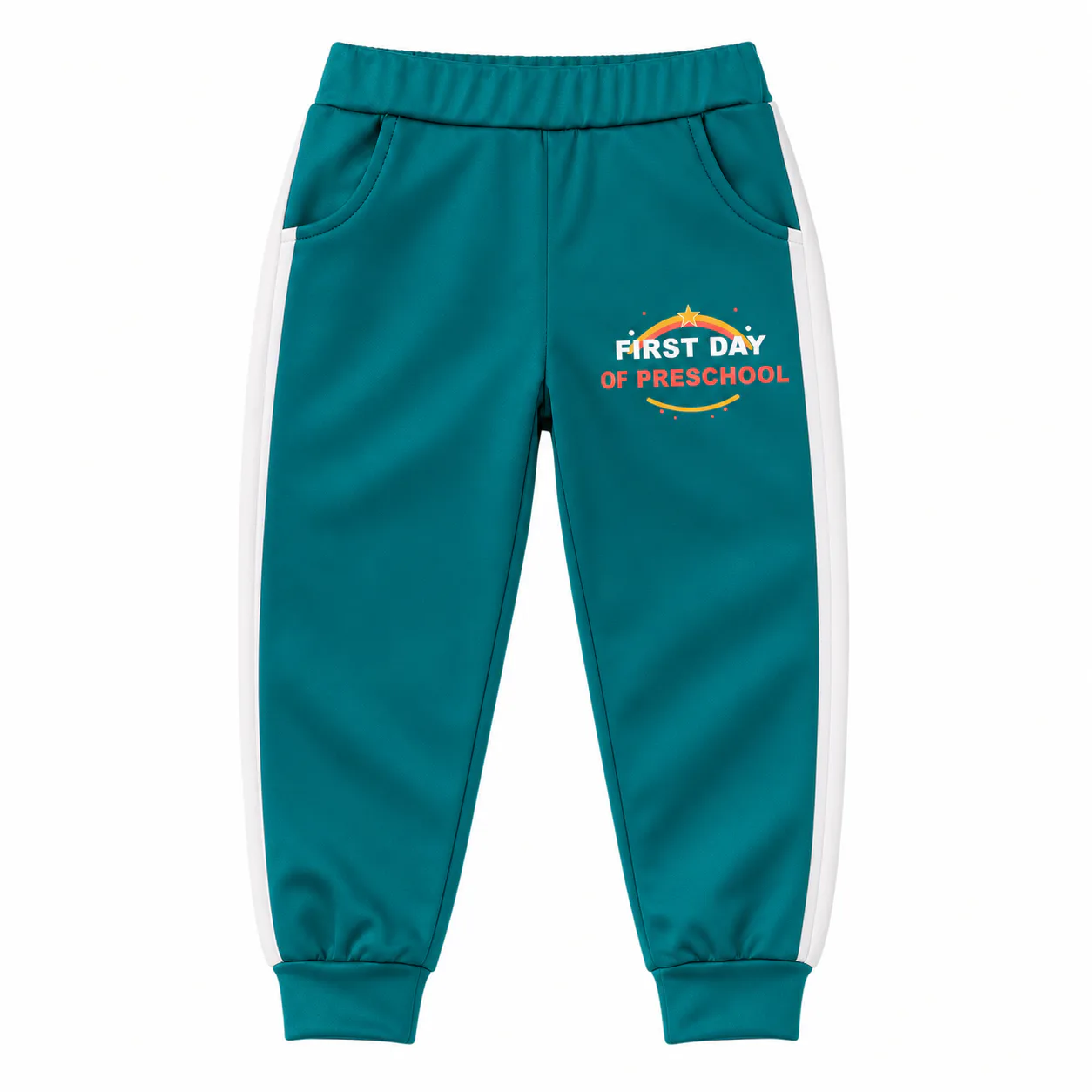 Teal kids tracksuit pants with white side panels and a preschool print on the wearer-left leg