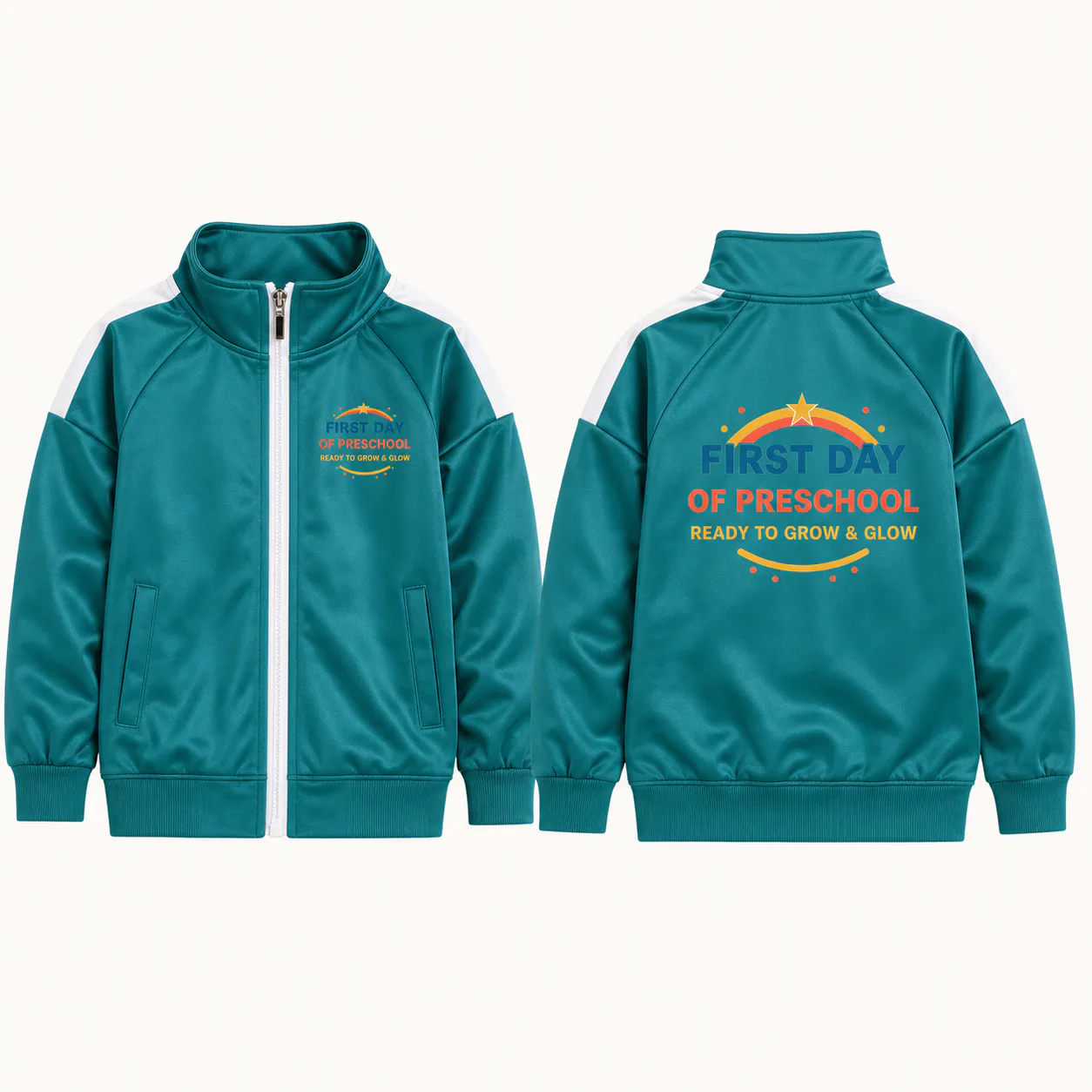 Teal and white kids zip jacket shown from front and back with reviewed preschool print placements