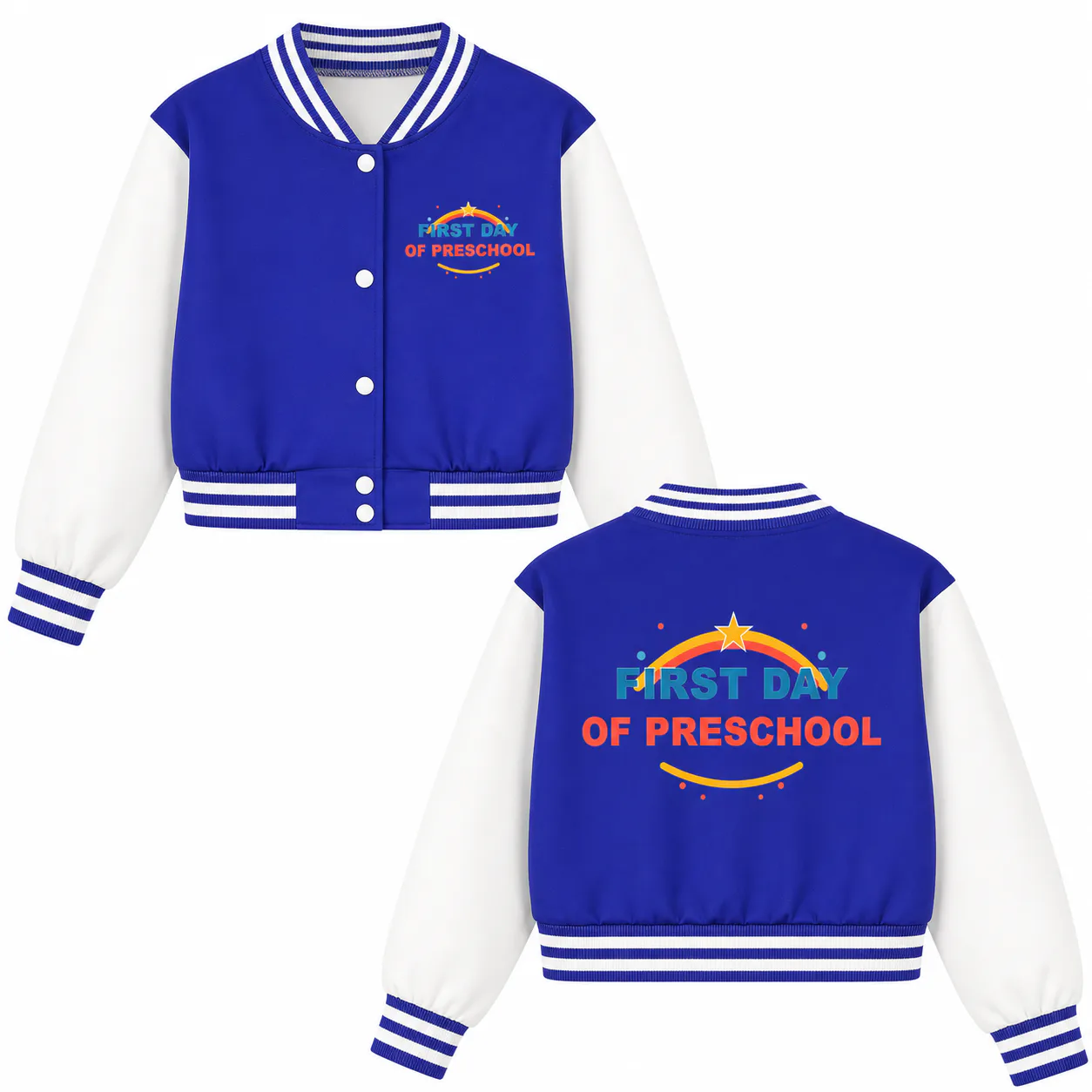 Blue and white cropped baseball jacket with preschool prints on the left chest and upper back