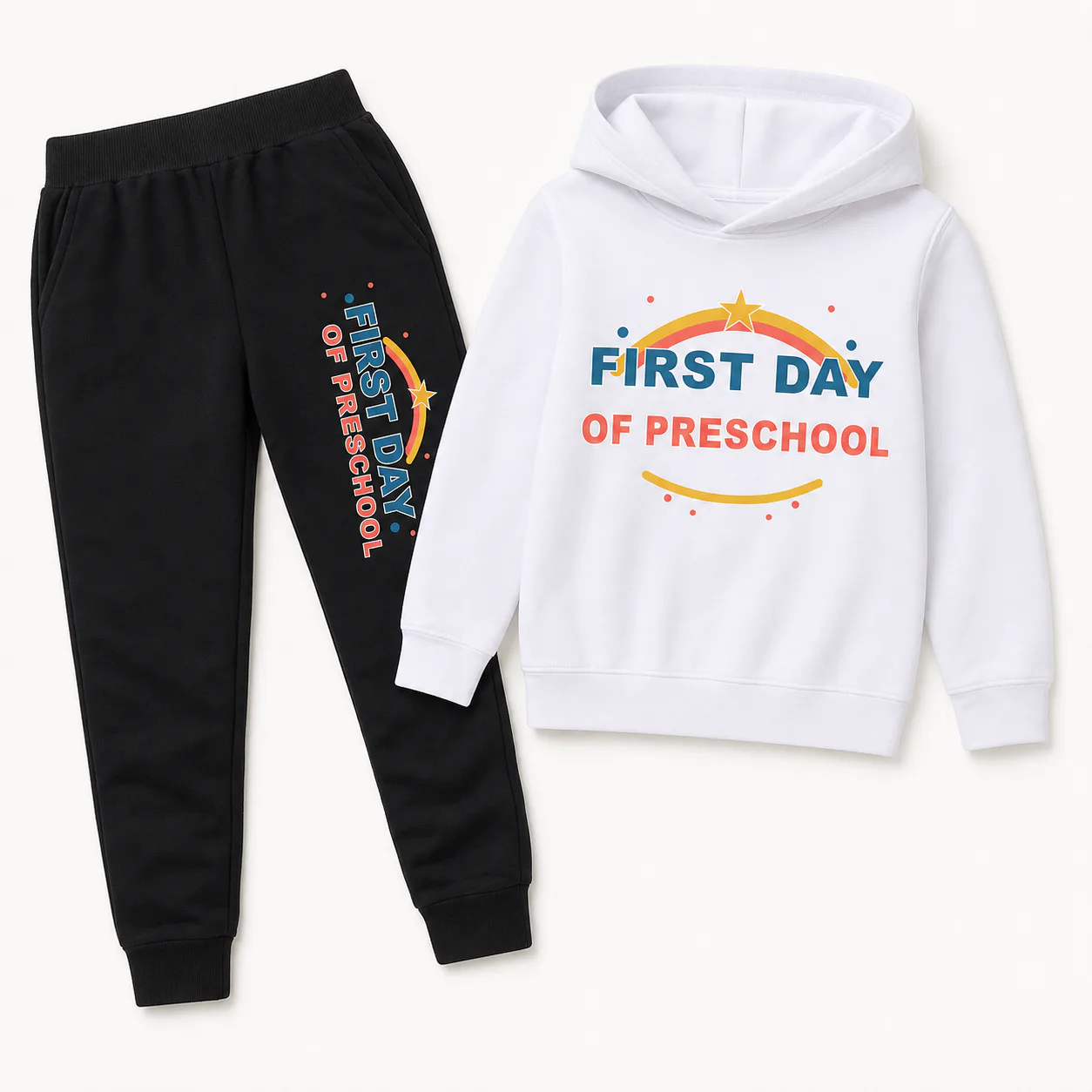 White hoodie and black jogger set with First Day of Preschool prints