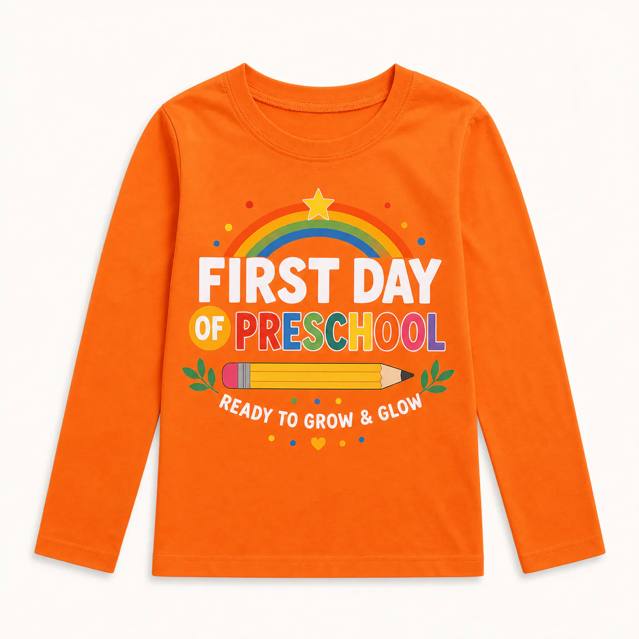 Orange kids long-sleeve T-shirt with a centered First Day of Preschool front print
