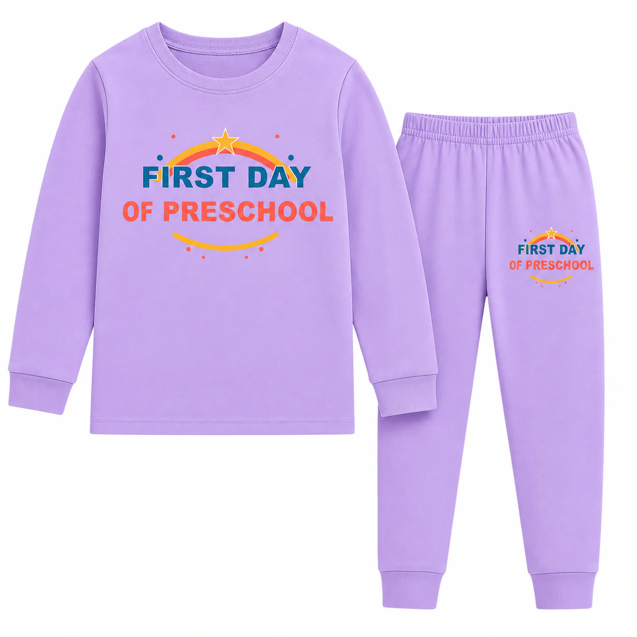 Lavender long-sleeve top and pants set with preschool prints on the top front and wearer-left pant leg