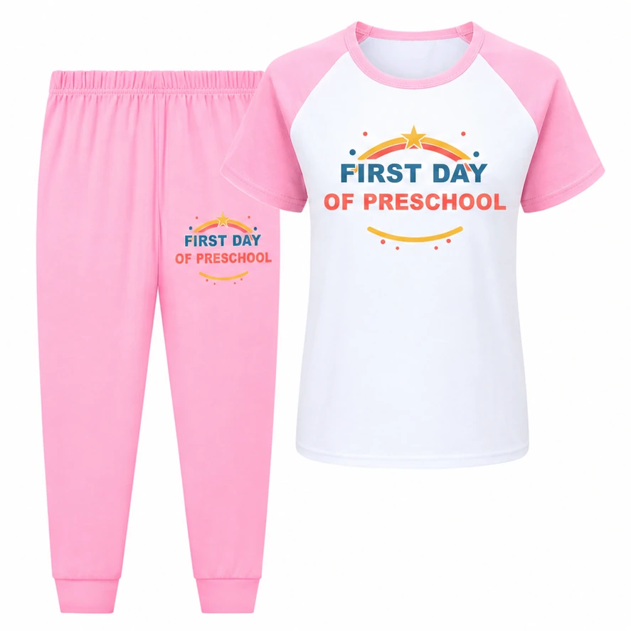 First Day of Preschool Short-Sleeve Top and Long Pants Sports Set for Kids in the selected color