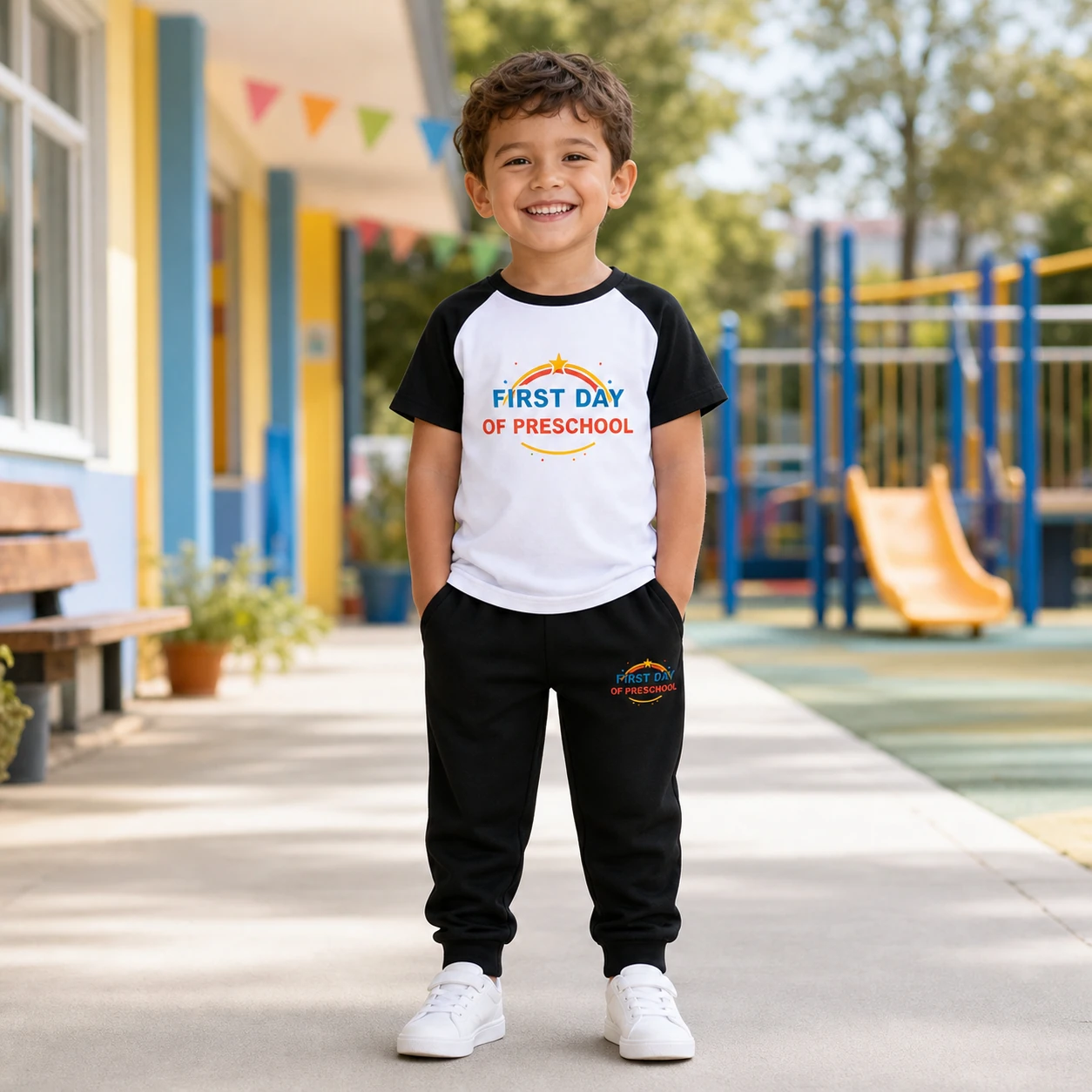 First Day of Preschool Short-Sleeve Top and Long Pants Sports Set for Kids