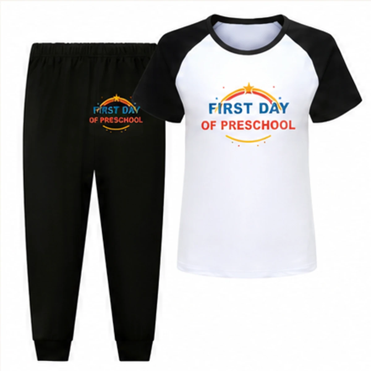 Black kids short-sleeve top and long pants sports set with preschool prints on the front and wearer-left leg