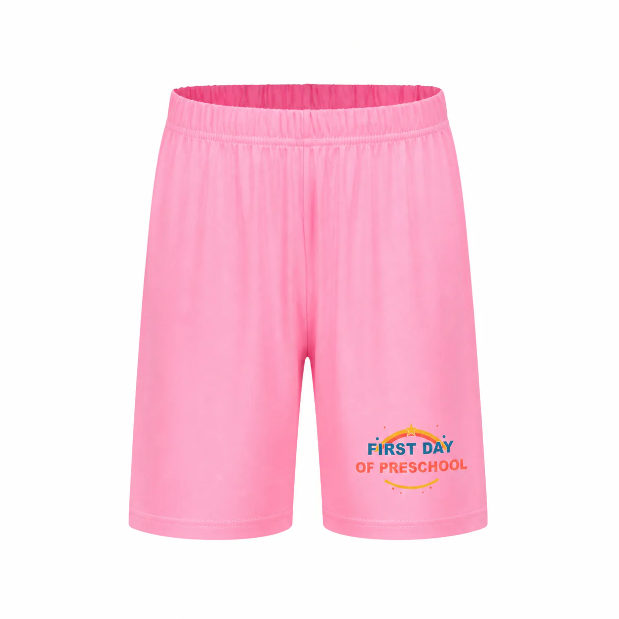 Pink kids milk-silk pajama shorts with a compact preschool print on the wearer-left leg