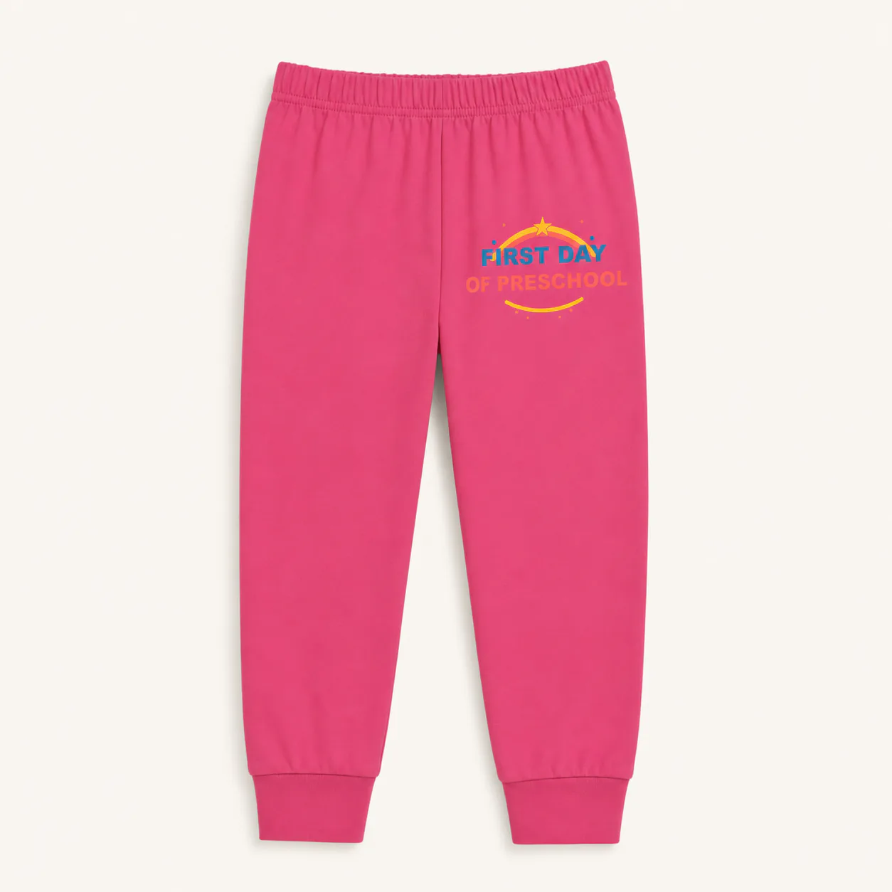 Rose-magenta kids long pajama pants with one preschool print on the wearer-left leg