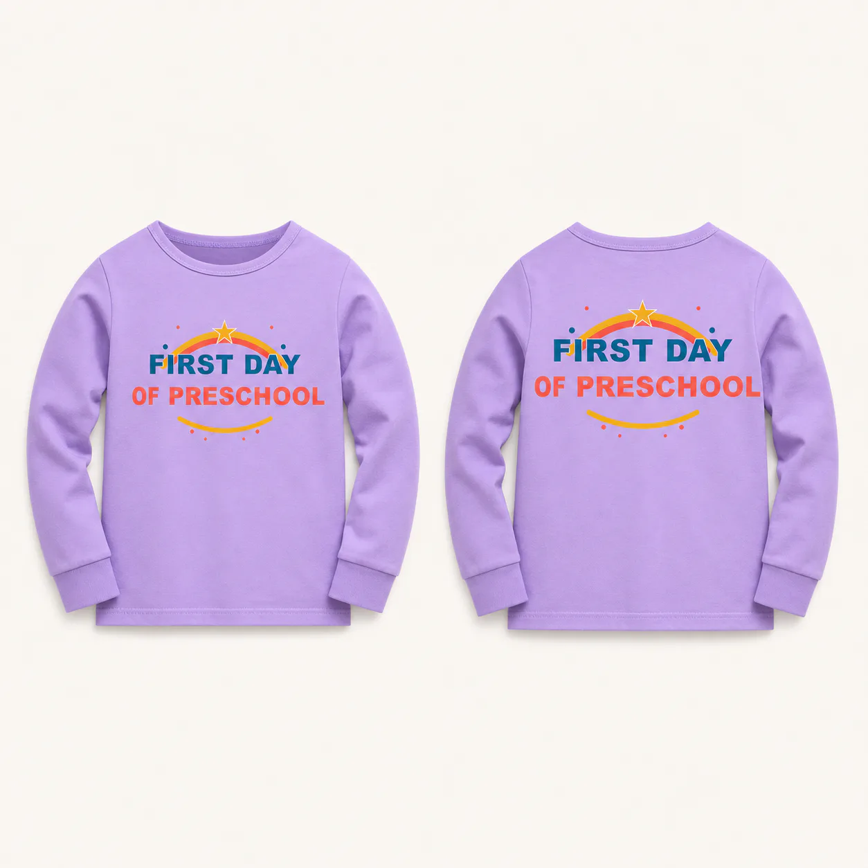 Purple kids long-sleeve pajama top with preschool prints centered on the front and upper back