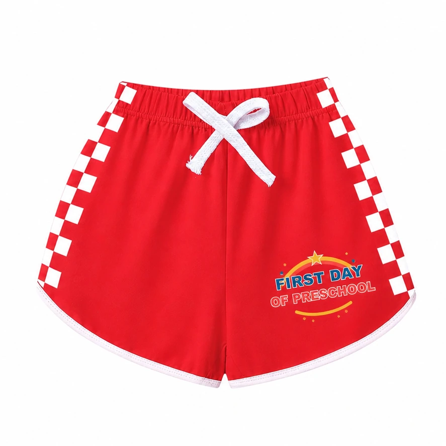First Day of Preschool Checker-Stripe Pajama Shorts for Kids in the selected color