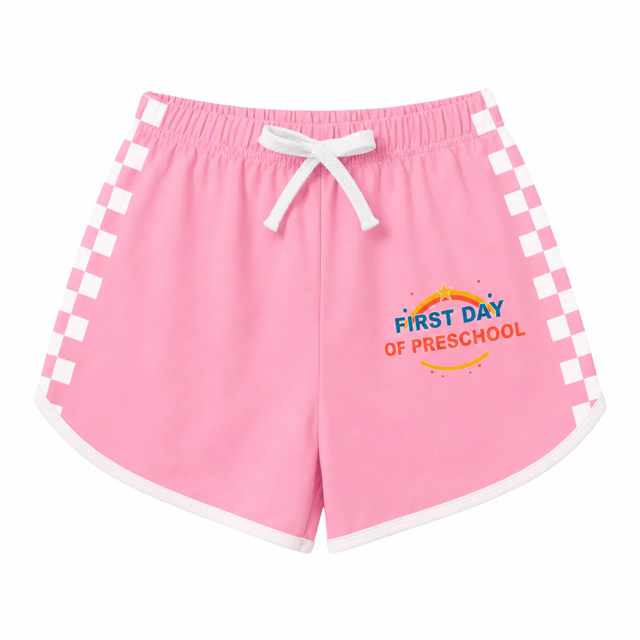 Pink kids curved-hem pajama shorts with checker side stripes and a compact preschool print on the wearer-left leg
