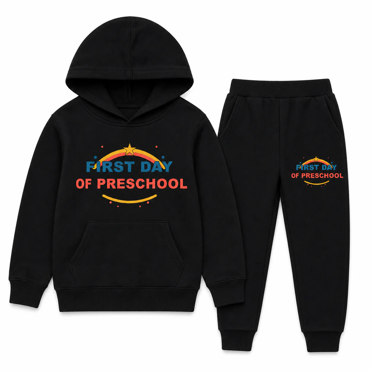 Black kids pullover hoodie and jogger set with preschool prints on the hoodie front and left pant leg
