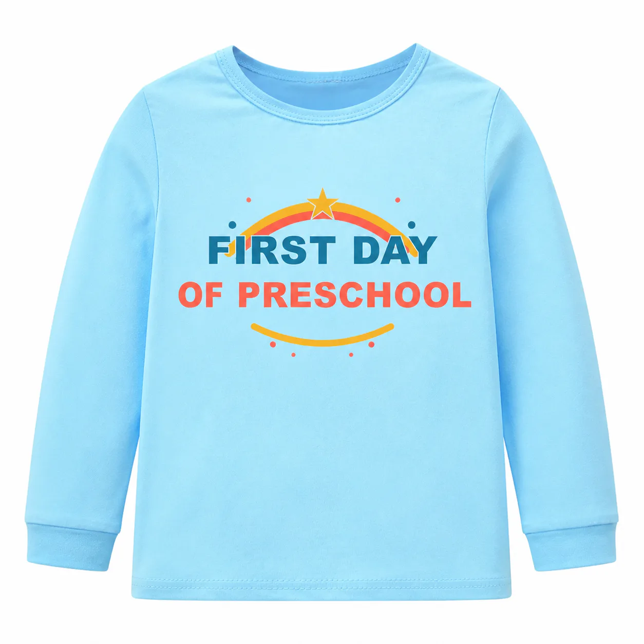 Light-blue kids soft long-sleeve top with a centered preschool front print
