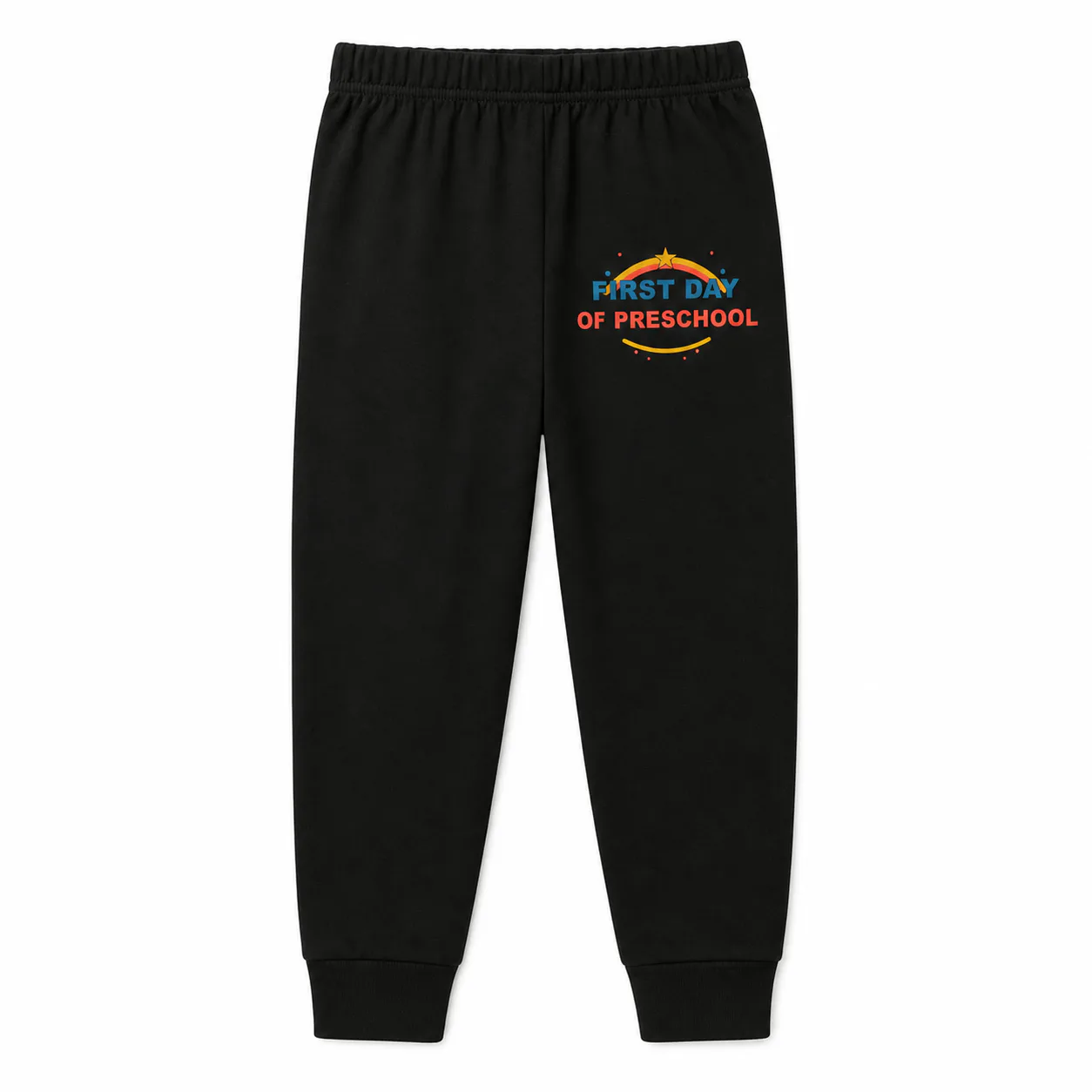 Black kids soft pajama pants with a compact preschool print on the wearer-left upper leg