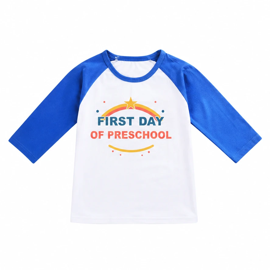 First Day of Preschool Soft Three-Quarter-Sleeve Top — Alternate Style for Kids in the selected color