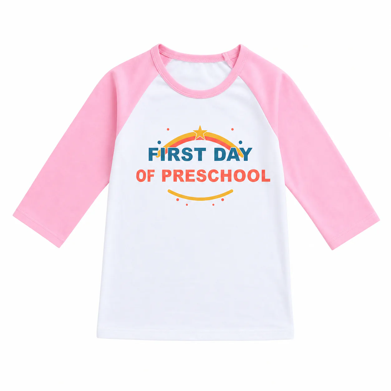 White kids soft top with pink three-quarter raglan sleeves and a centered preschool print