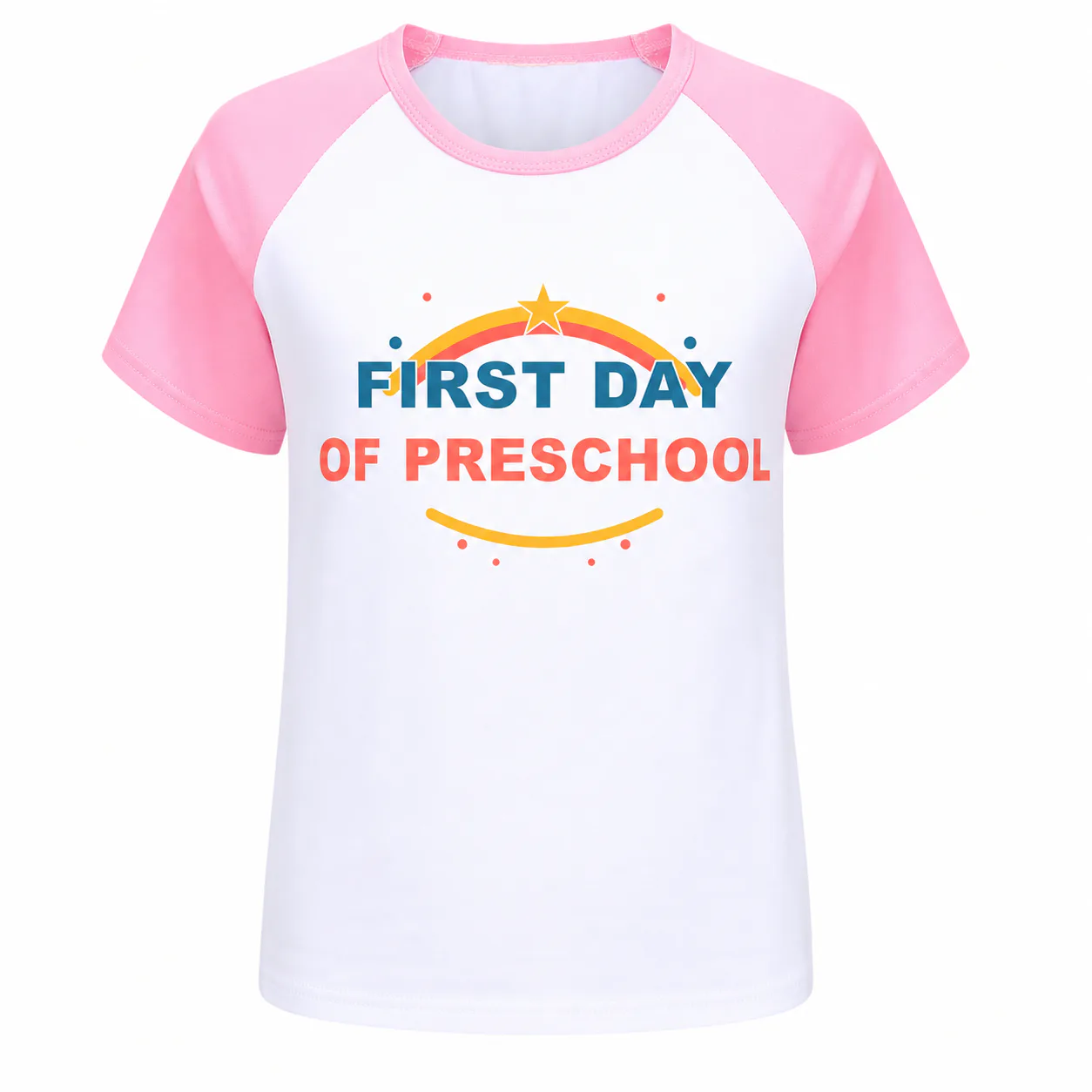 White kids soft short-sleeve top with pink raglan sleeves and a centered preschool print