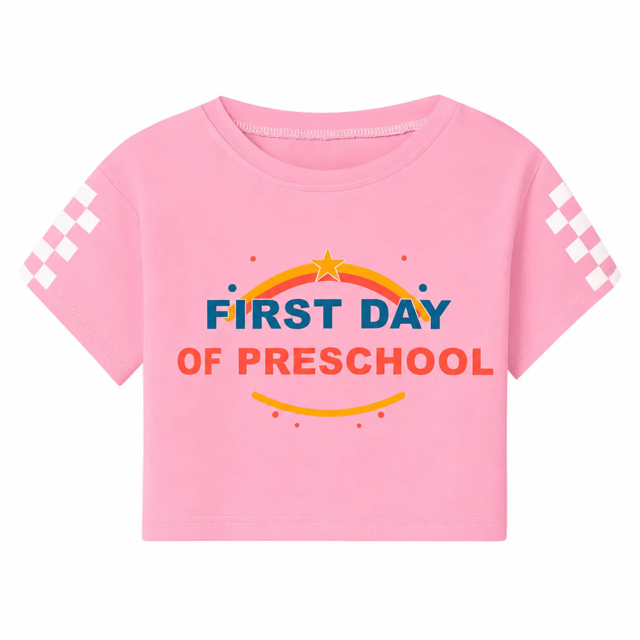 Pink kids cropped top with white checkerboard sleeve blocks and a centered preschool front print