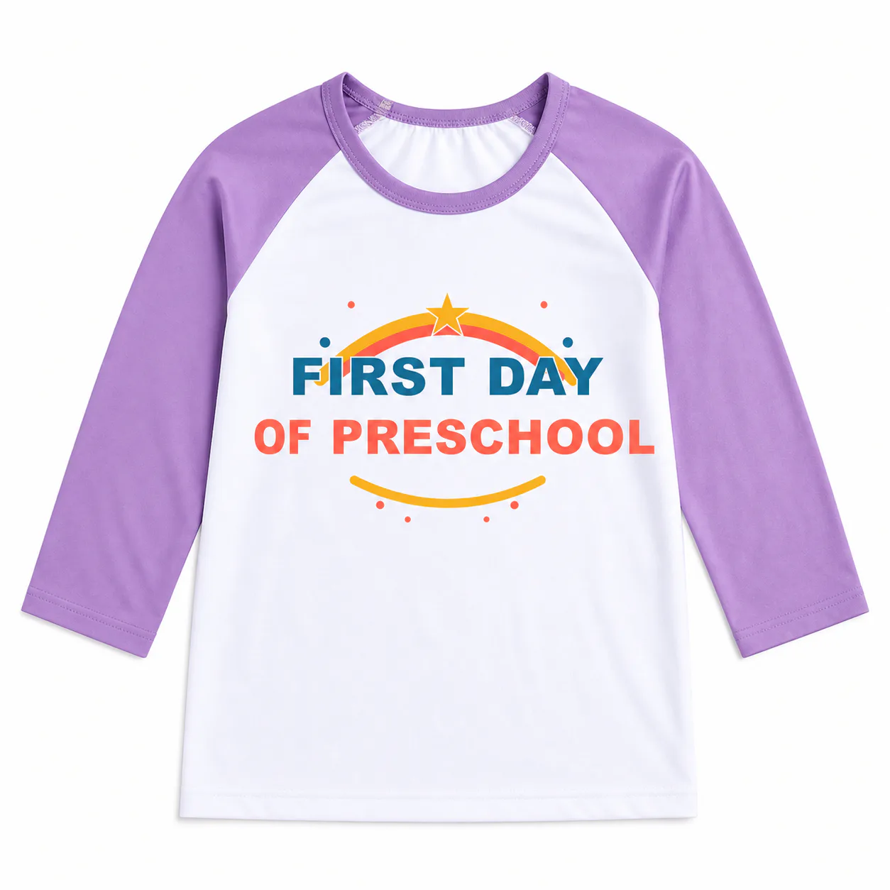 Purple-and-white three-quarter-sleeve raglan kids sports top with a centered preschool front print