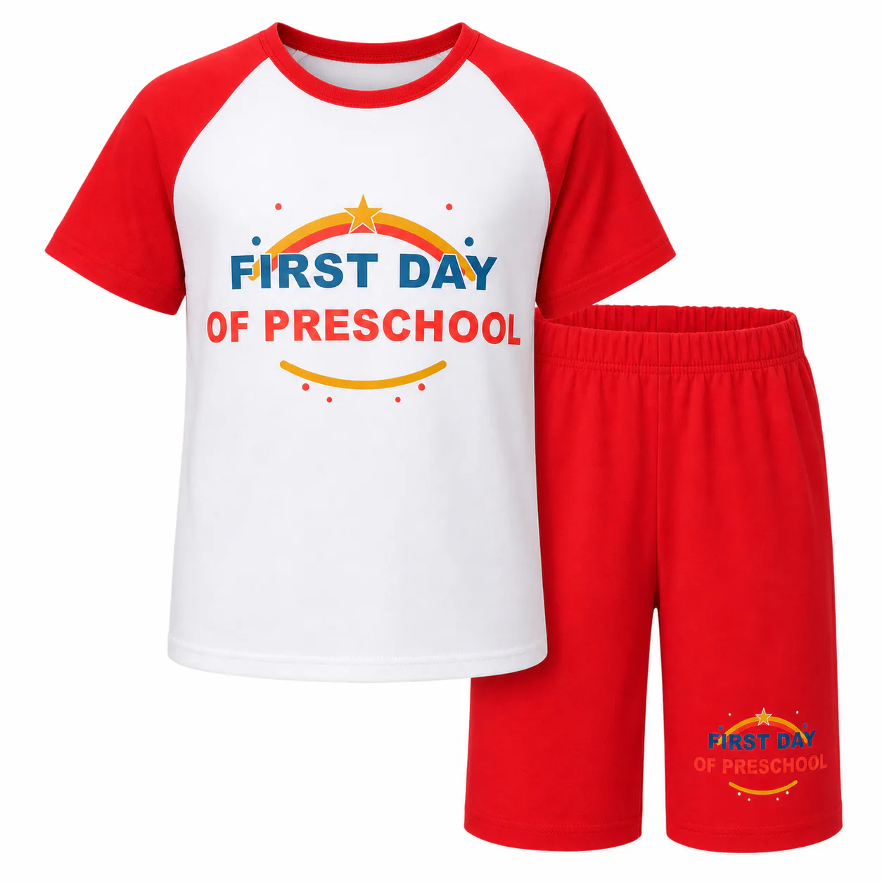 Red-and-white short-sleeve sports shirt and red shorts with preschool prints on both pieces