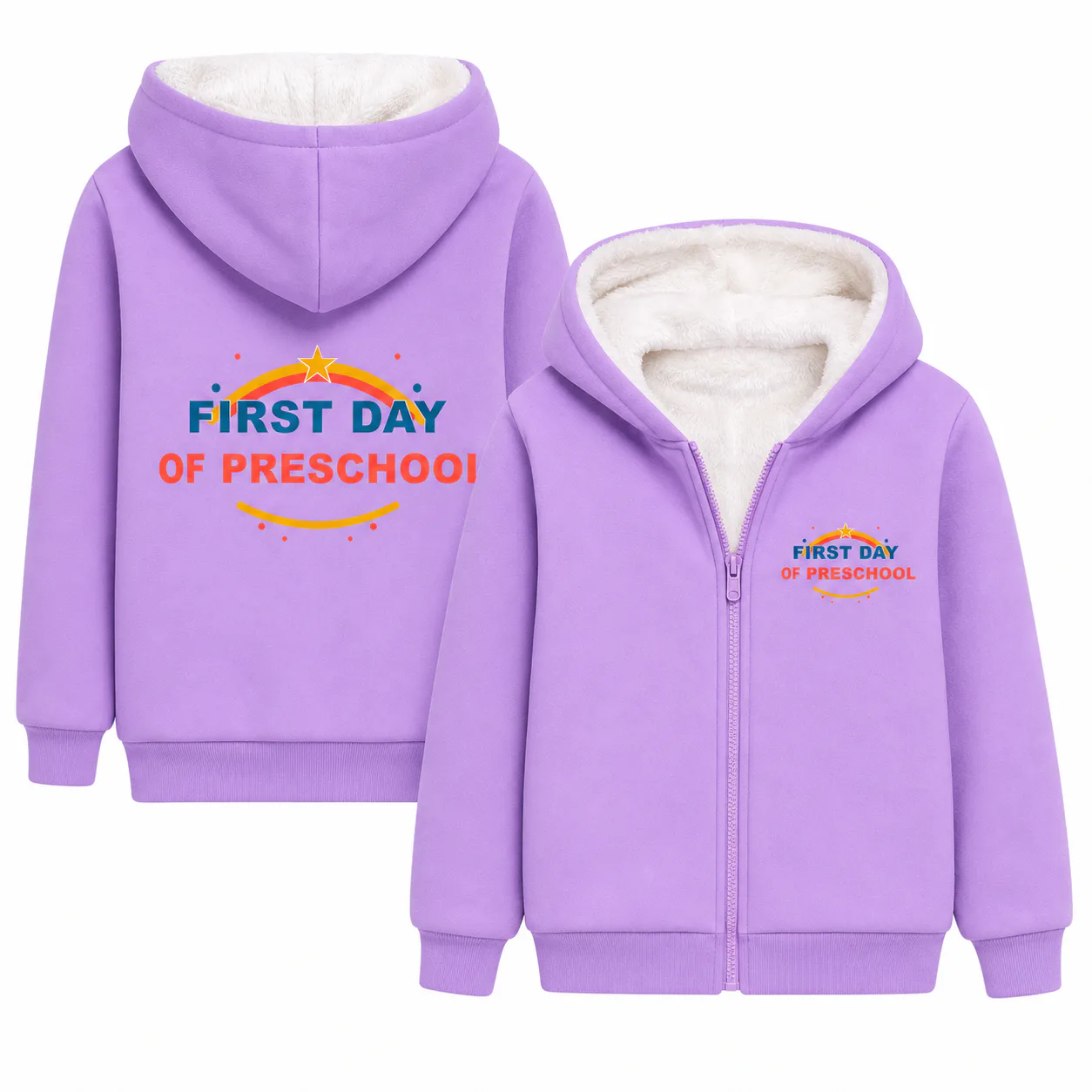 Lavender plush-lined zip winter hoodie with preschool prints on the left chest and upper back